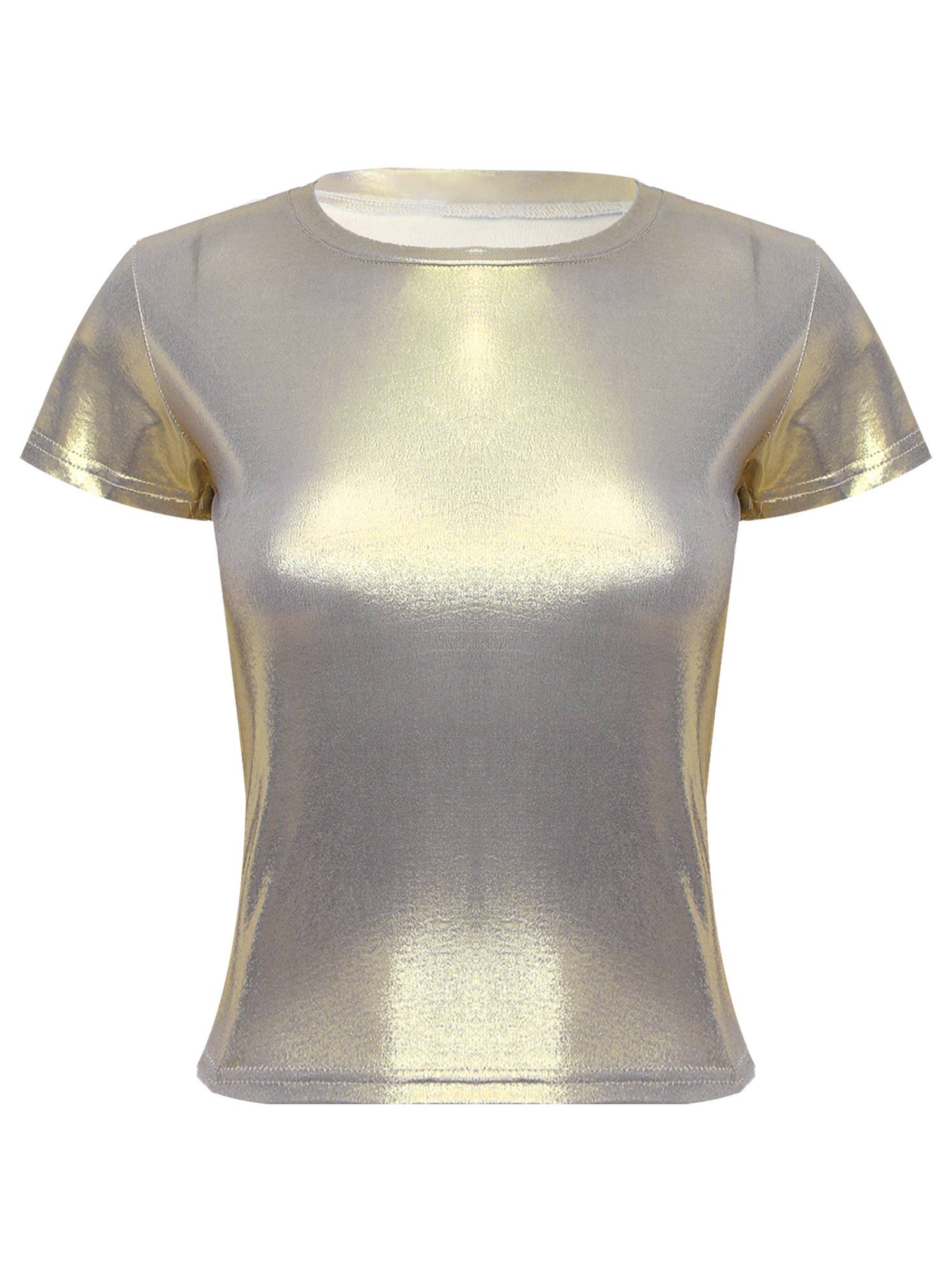 Women Metallic Short Sleeve T-shirt for Dance Party