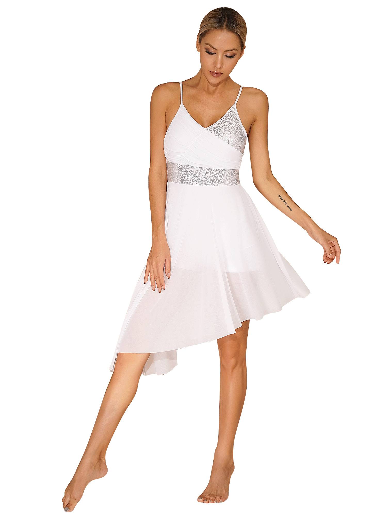 Women Sparkly Sequin V Neck Lyrical Contemporary Dance Dress