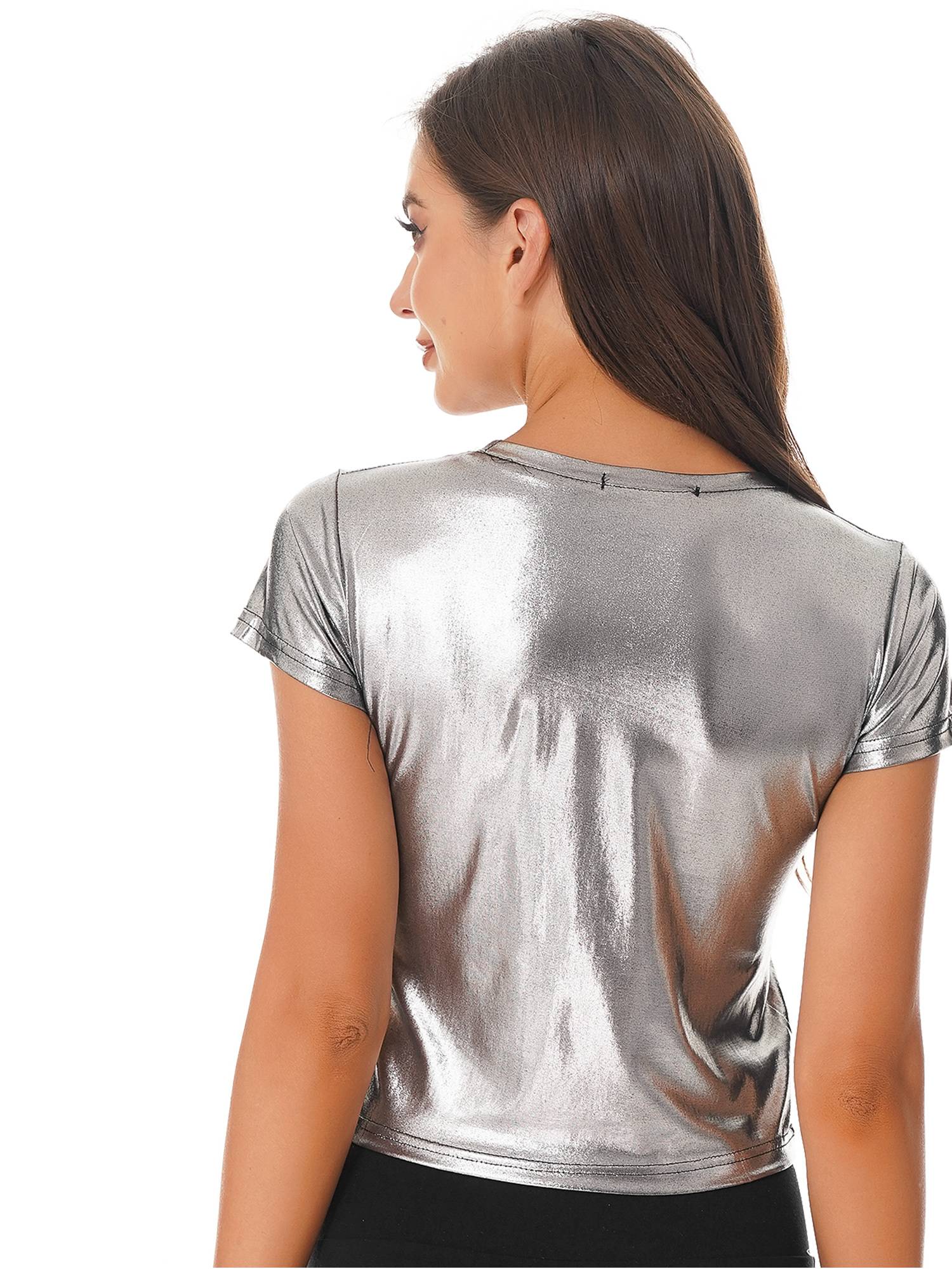 Women Metallic Short Sleeve T-shirt for Dance Party