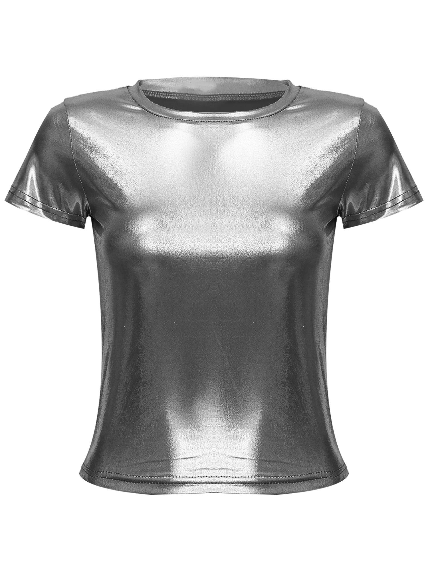 Women Metallic Short Sleeve T-shirt for Dance Party