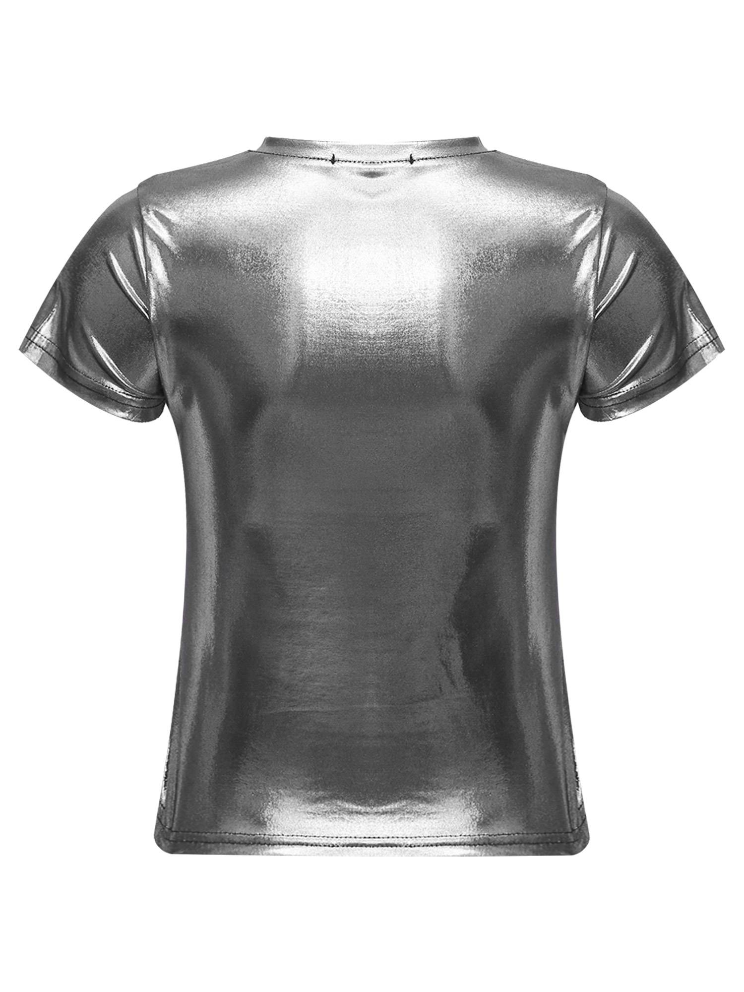 Women Metallic Short Sleeve T-shirt for Dance Party