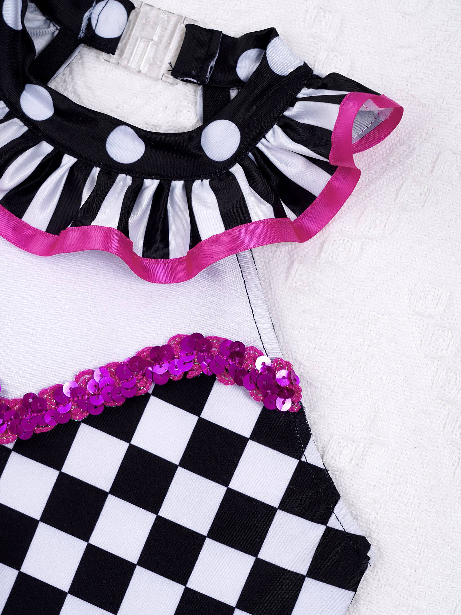 Kids Girls Circus Clown Costume Sleeveless Plaid Polka Dots Dress