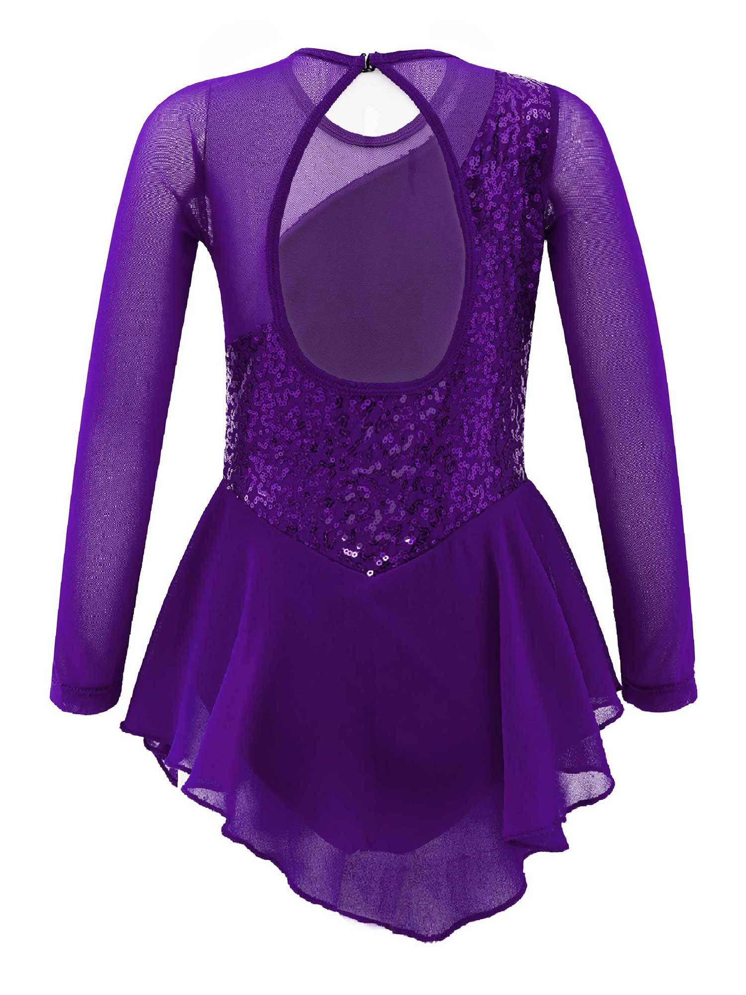Kids Girls Sequins Hollow Back Ballet Dance Skating Leotard Dress