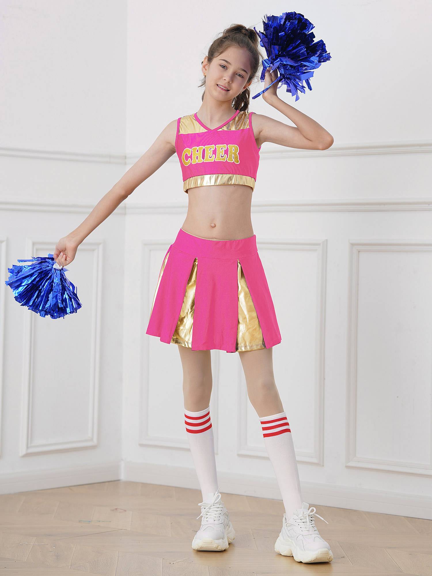 Kids Girls 2pcs Sleeveless Crop Top with Skirt Cheerleading Dance Set