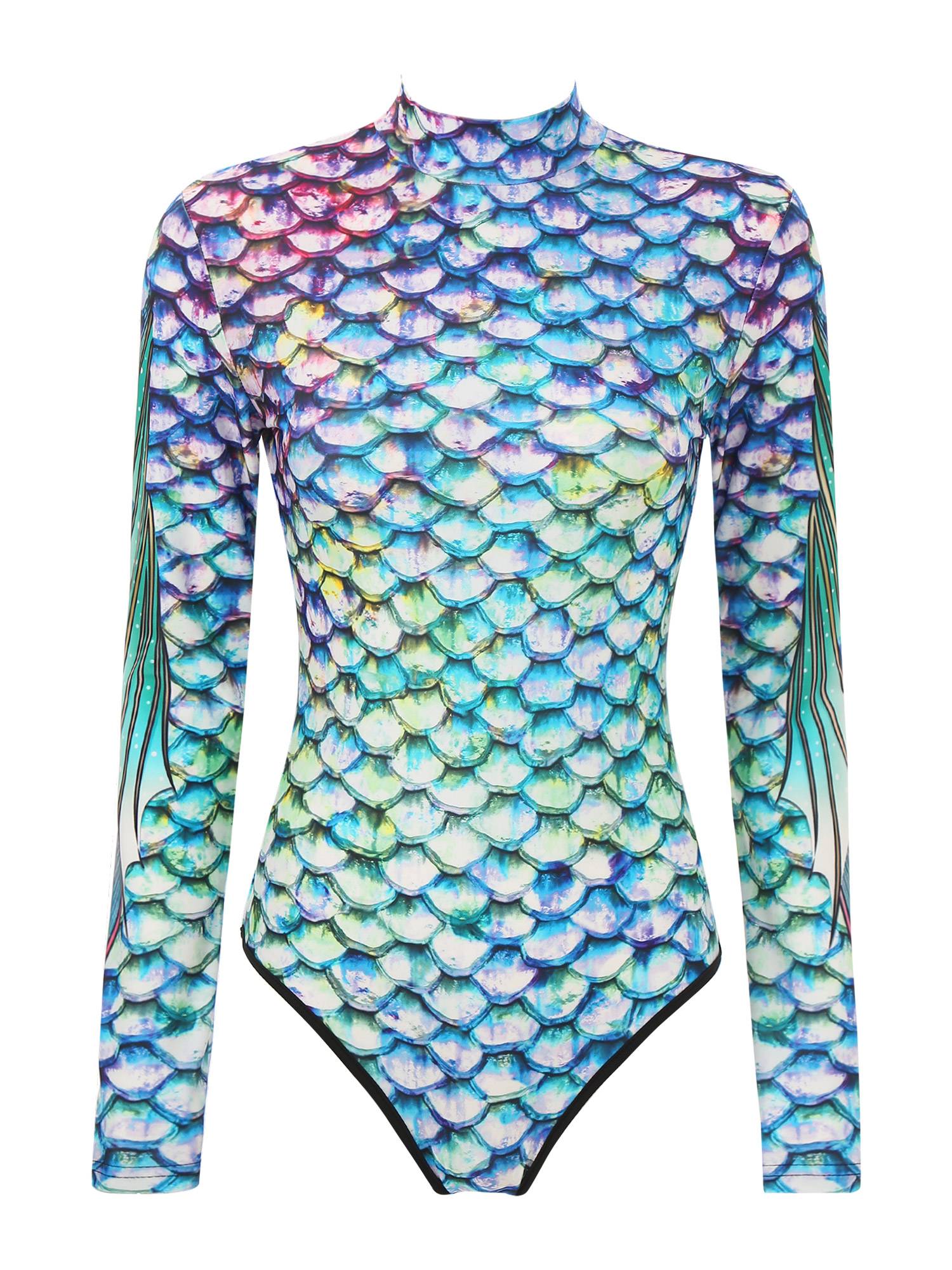 Women Long Sleeves 3D Print Mermaid Bodysuit One Piece Swimsuit
