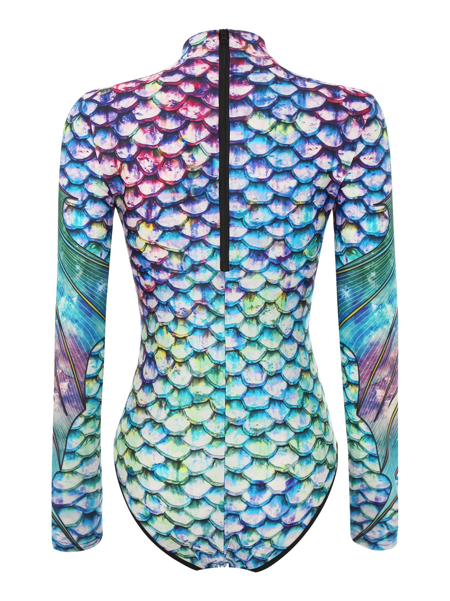 Women Long Sleeves 3D Print Mermaid Bodysuit One Piece Swimsuit