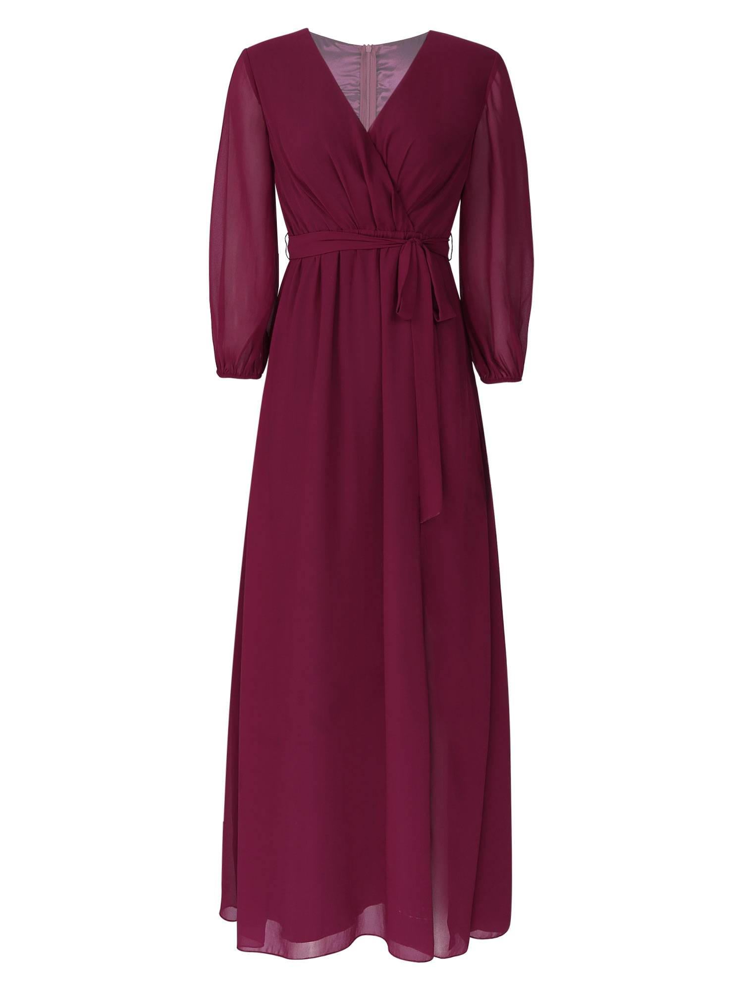 Women V Neck Long Lantern Sleeve Side Slit Bridesmaid Dress