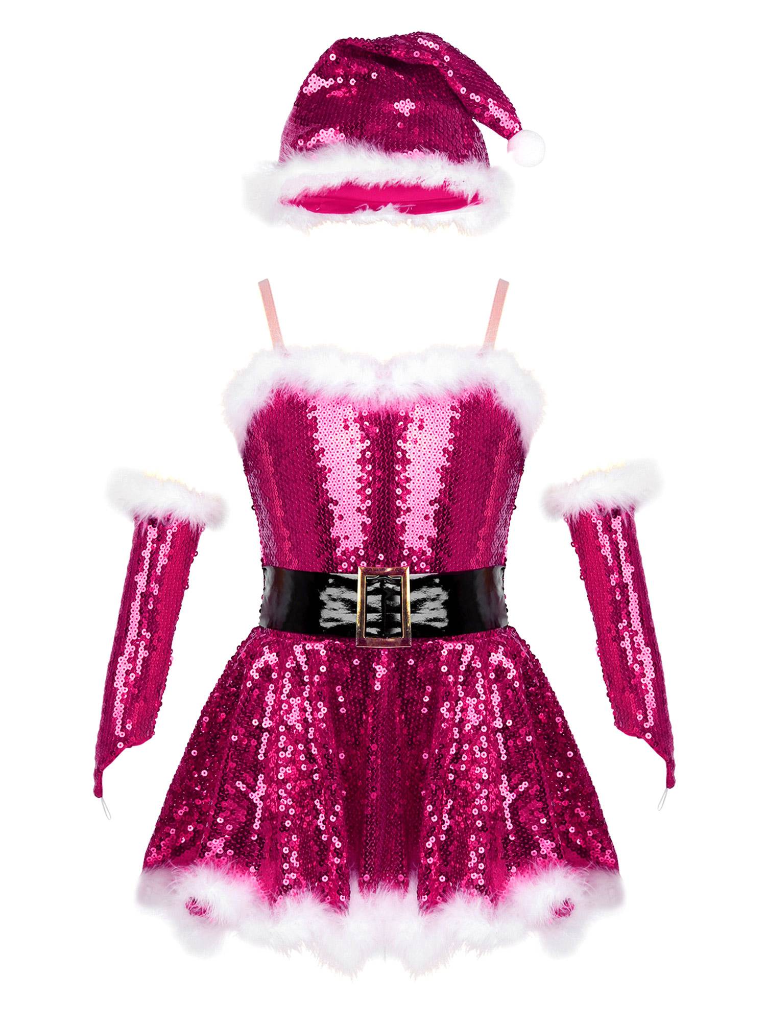 Kids Girls Christmas Straps Sequins Twirl Skating Dress with Hat and Arm Sleeves