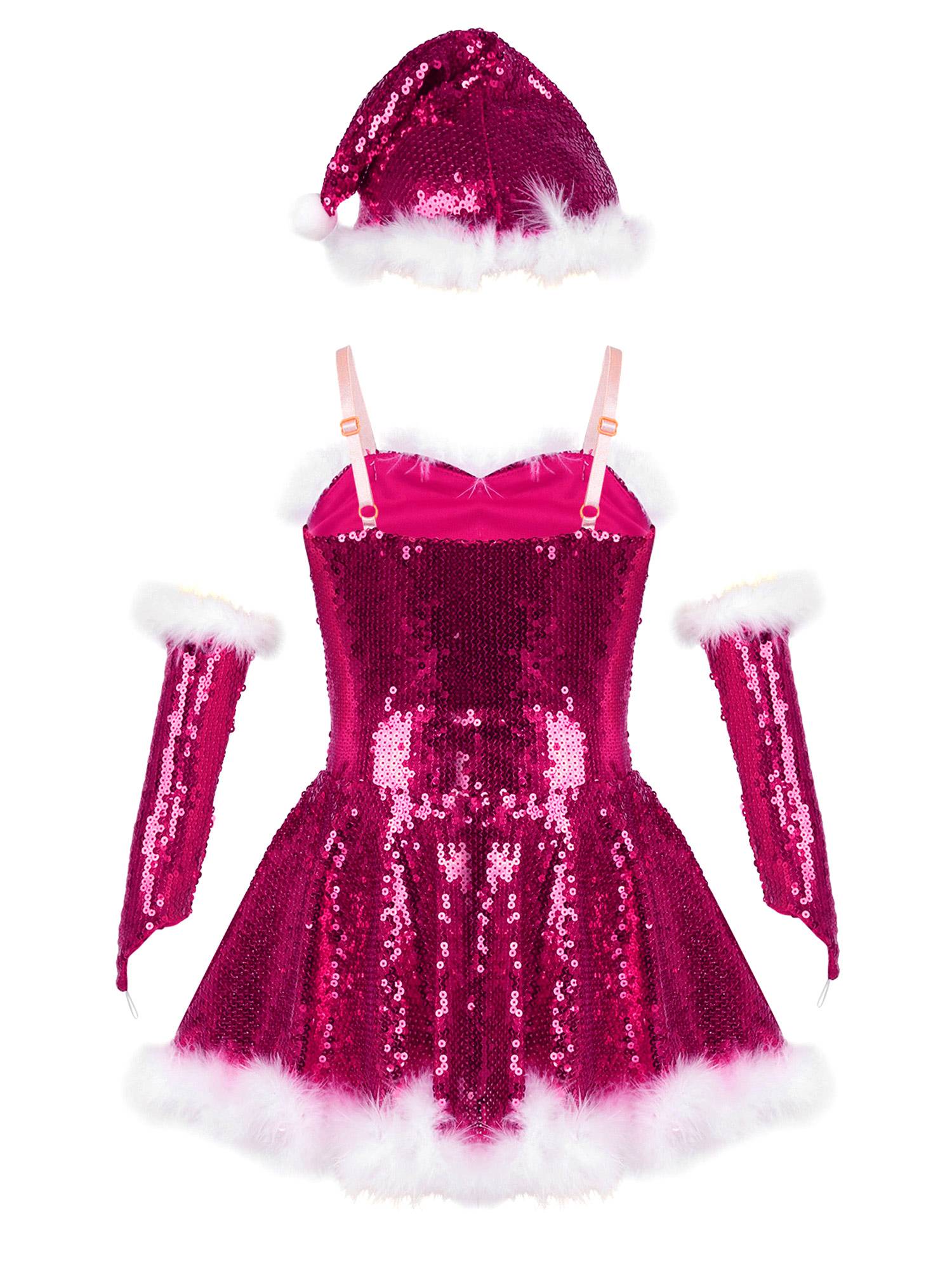 Kids Girls Christmas Straps Sequins Twirl Skating Dress with Hat and Arm Sleeves