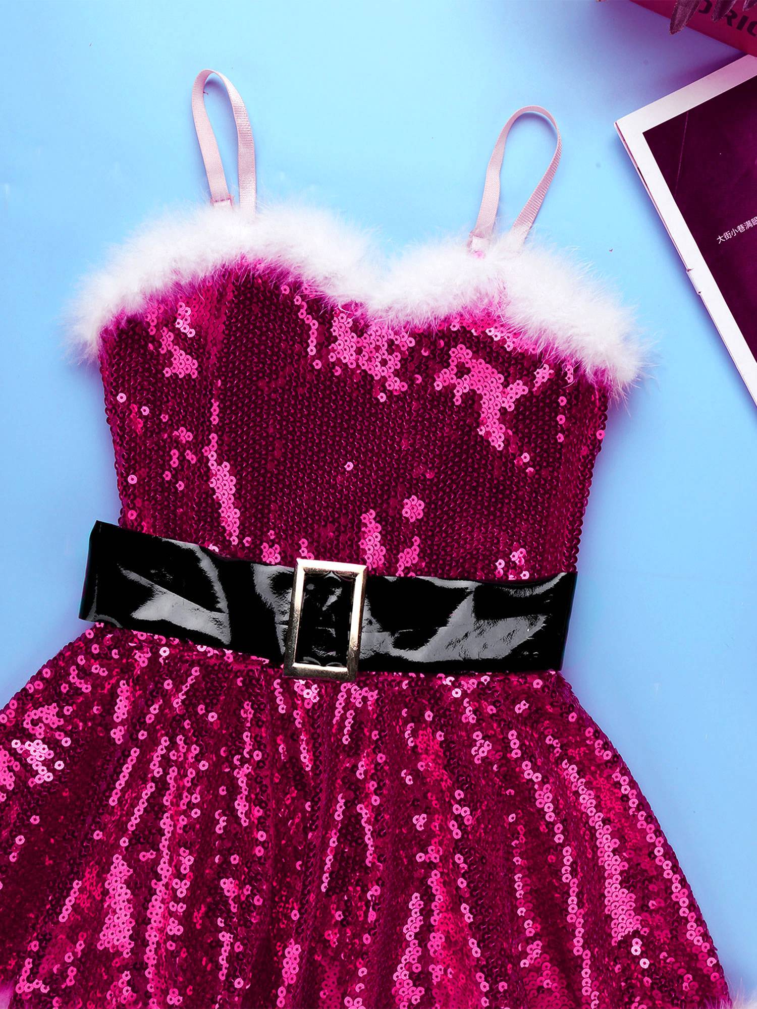 Kids Girls Christmas Straps Sequins Twirl Skating Dress with Hat and Arm Sleeves