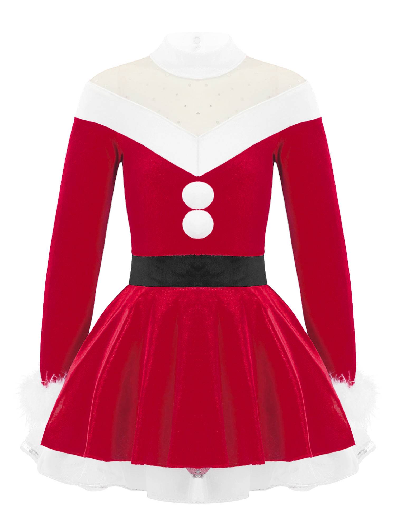 Kids Girls Christmas Long Sleeves Pompoms Adorned Velvet Dress