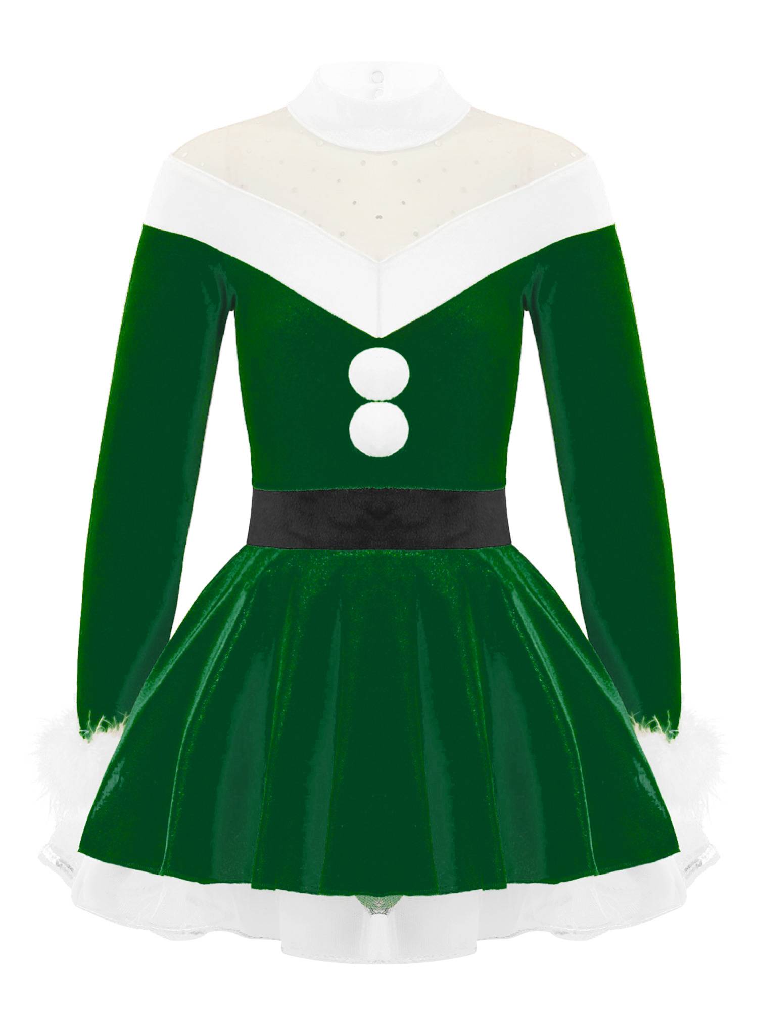 Kids Girls Christmas Long Sleeves Pompoms Adorned Velvet Dress