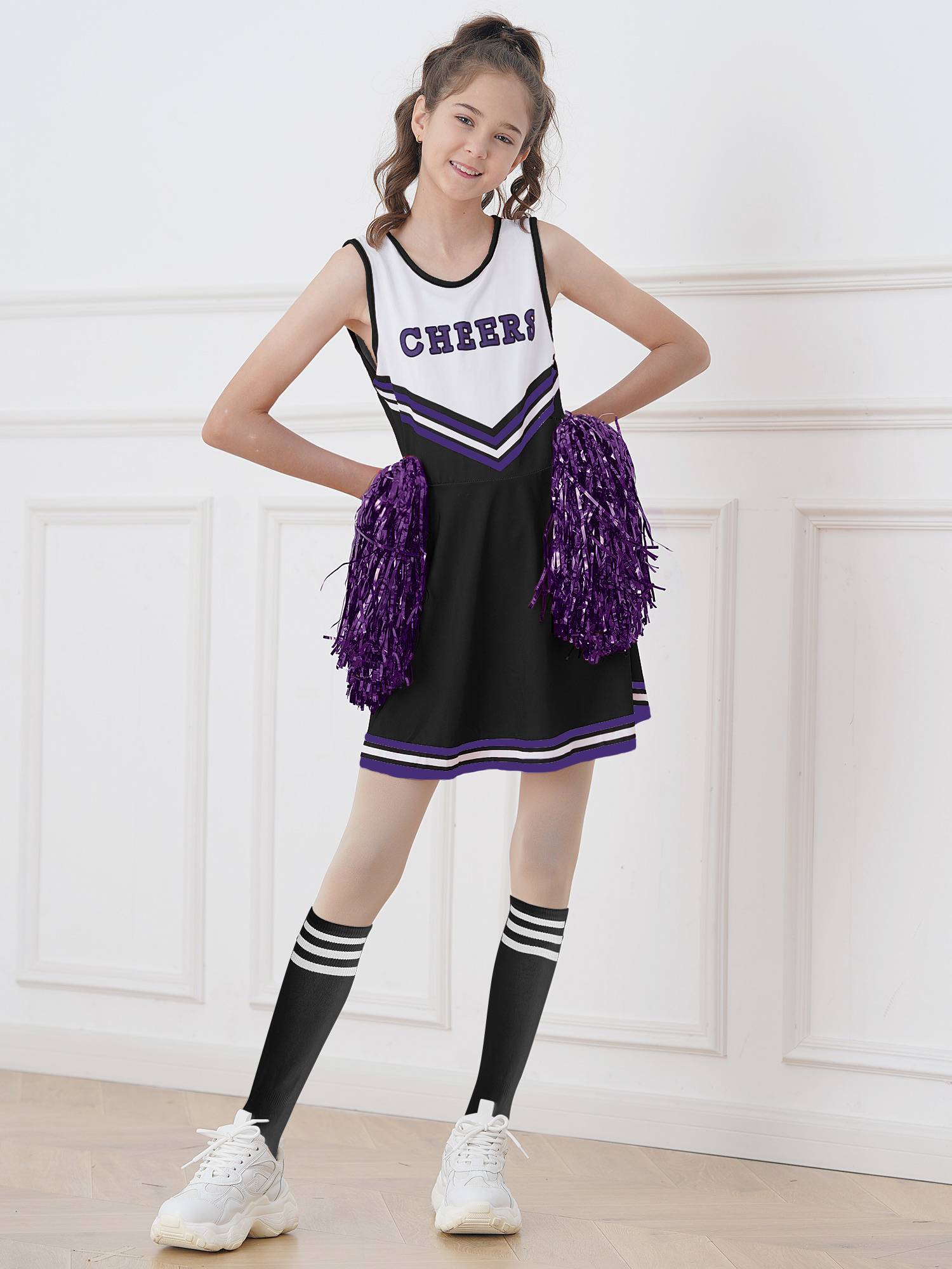 Kids Girls Sleeveless Cheerleading Dance Dress with Flower Balls and Socks
