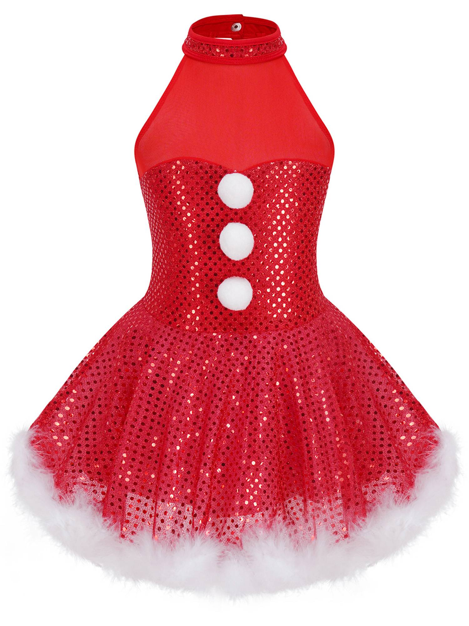 Kids Girls Christmas Sleeveless Halter Neck Sequins Snowman Costume Tutu Dress