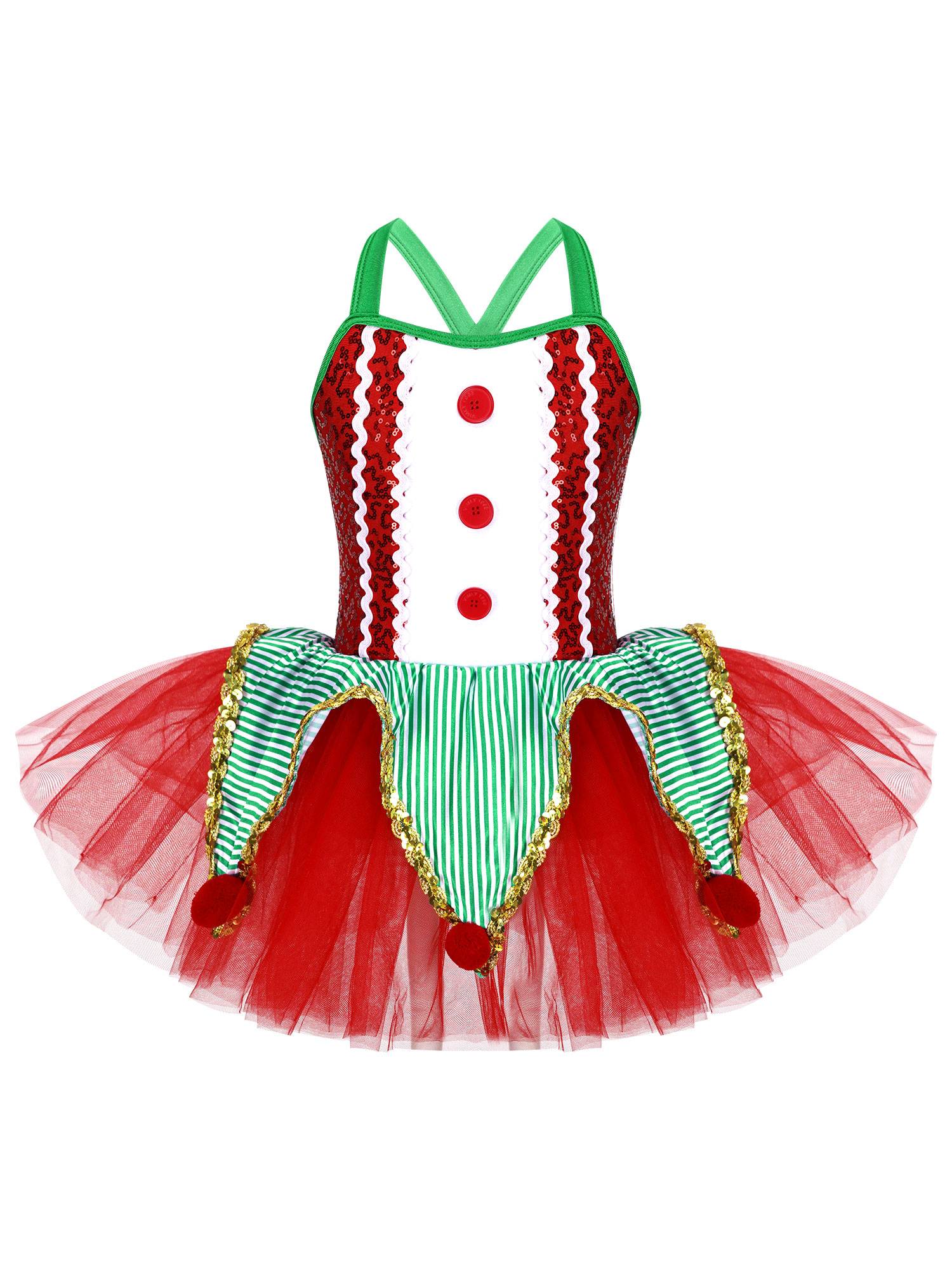 Kids Girls Christmas Sleeveless Crisscross Back Sequins Mesh Tutu Dress