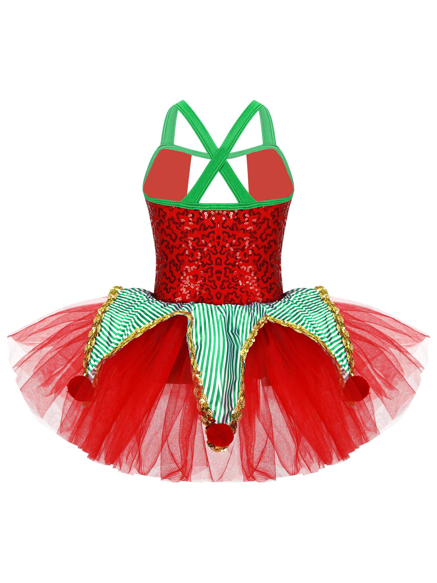 Kids Girls Christmas Sleeveless Crisscross Back Sequins Mesh Tutu Dress
