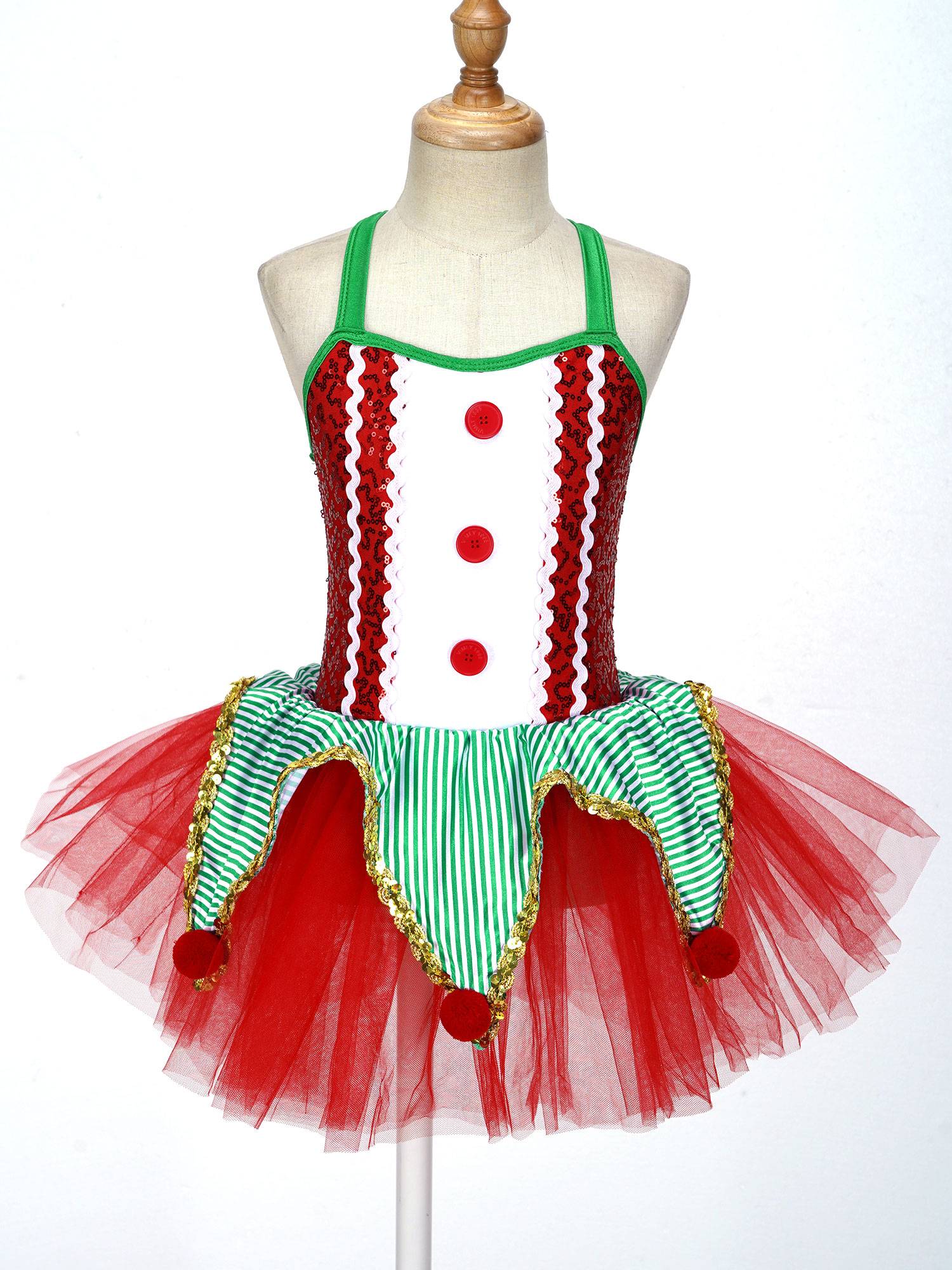 Kids Girls Christmas Sleeveless Crisscross Back Sequins Mesh Tutu Dress