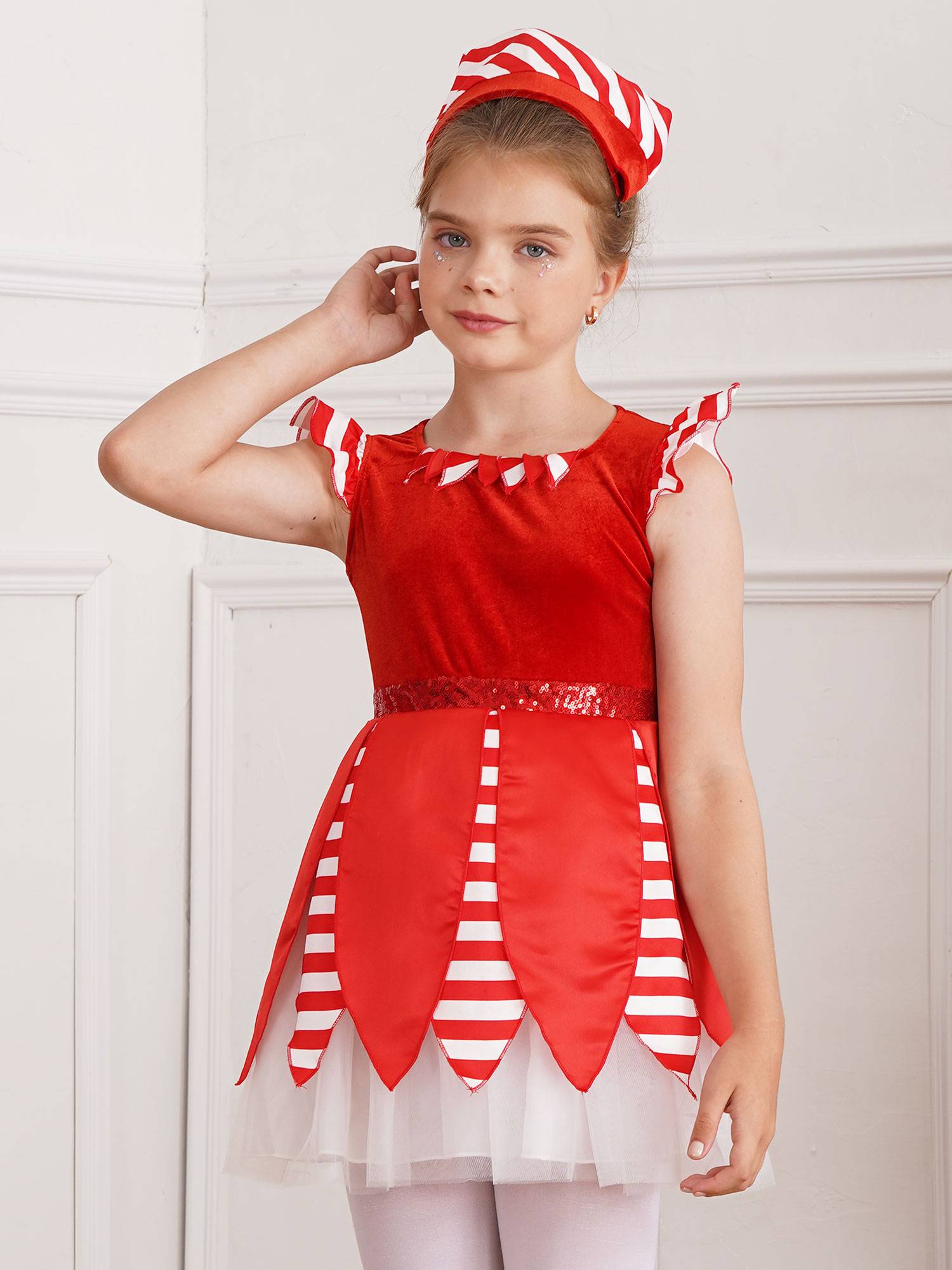 Kids Girls Christmas Cap Sleeve Sequins Stripes Velvet Tutu Dress with Hat