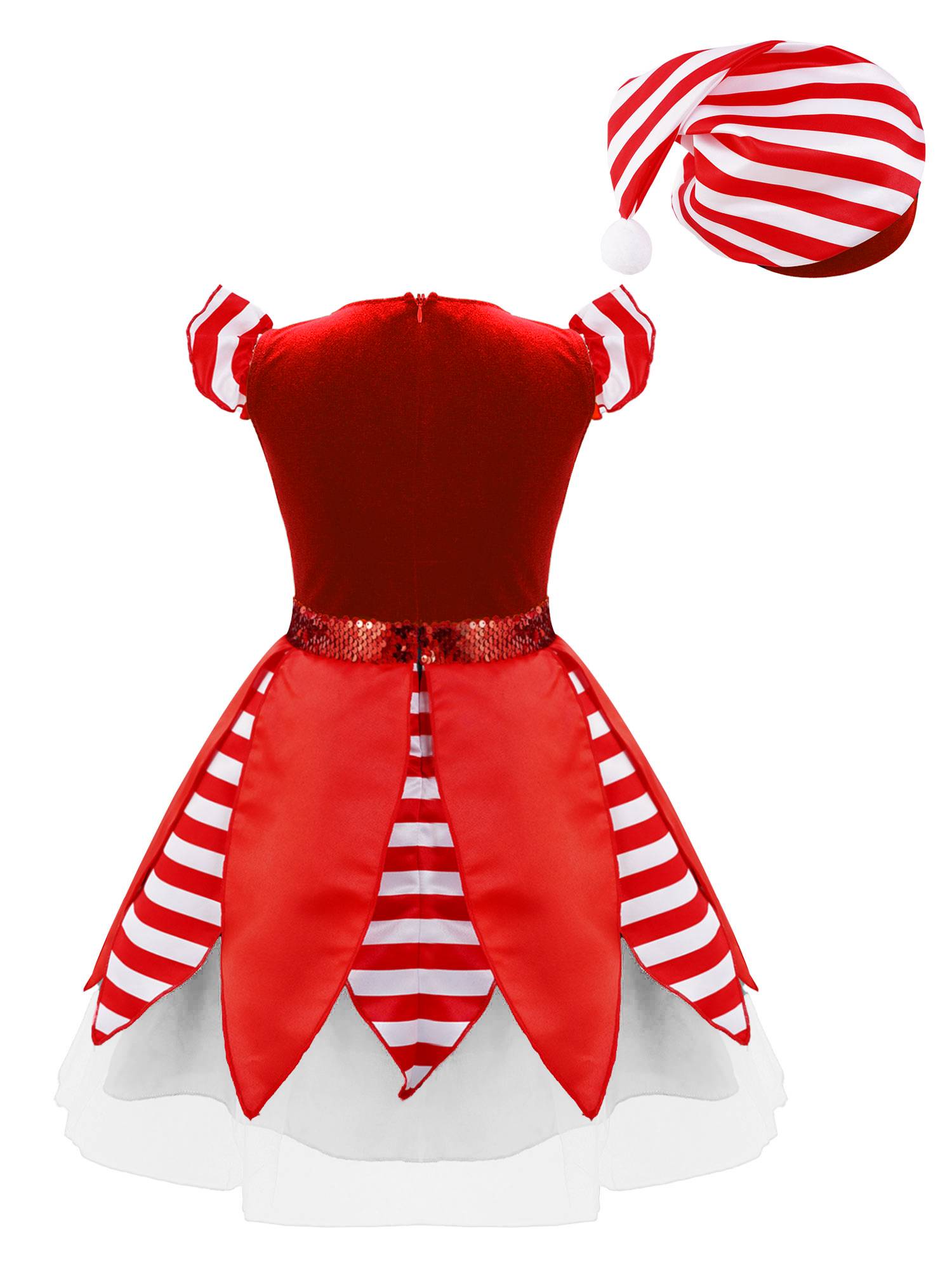 Kids Girls Christmas Cap Sleeve Sequins Stripes Velvet Tutu Dress with Hat