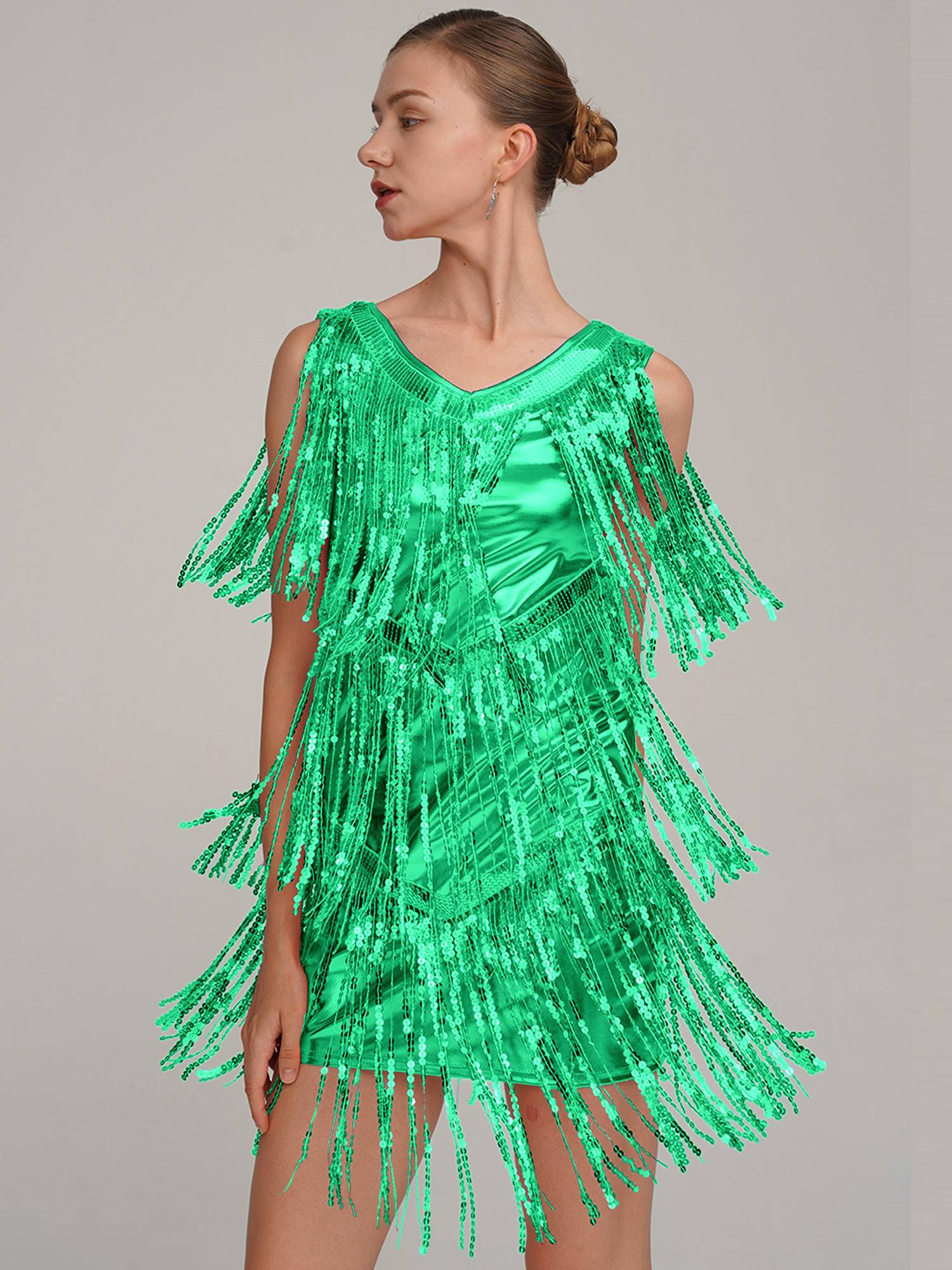 Women Sleeveless Sequin Tassels Ballroom Latin Dance Dress