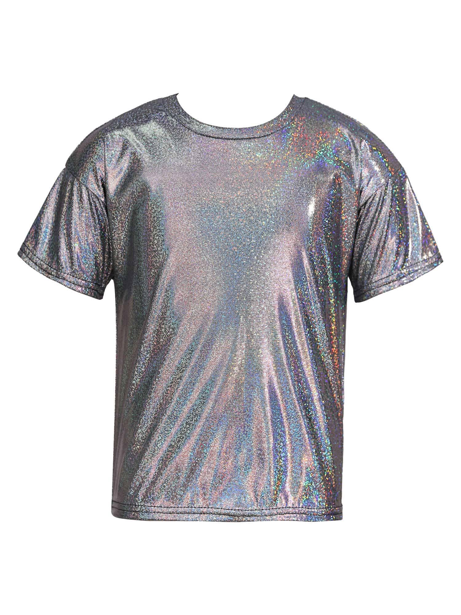 Kids Girls and Boys Short Sleeve Metallic Shiny Jazz Dance T-shirt