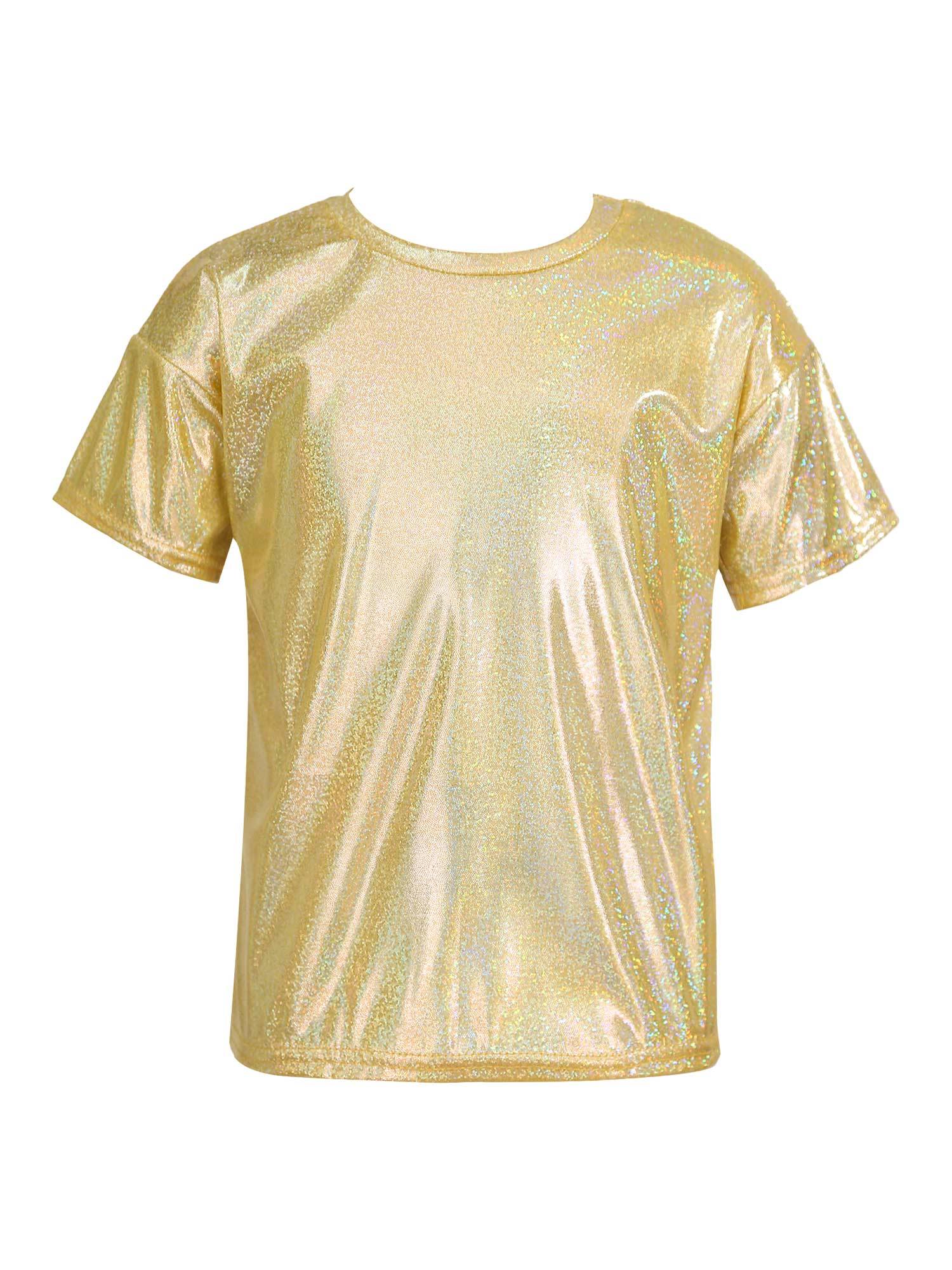 Kids Girls and Boys Short Sleeve Metallic Shiny Jazz Dance T-shirt