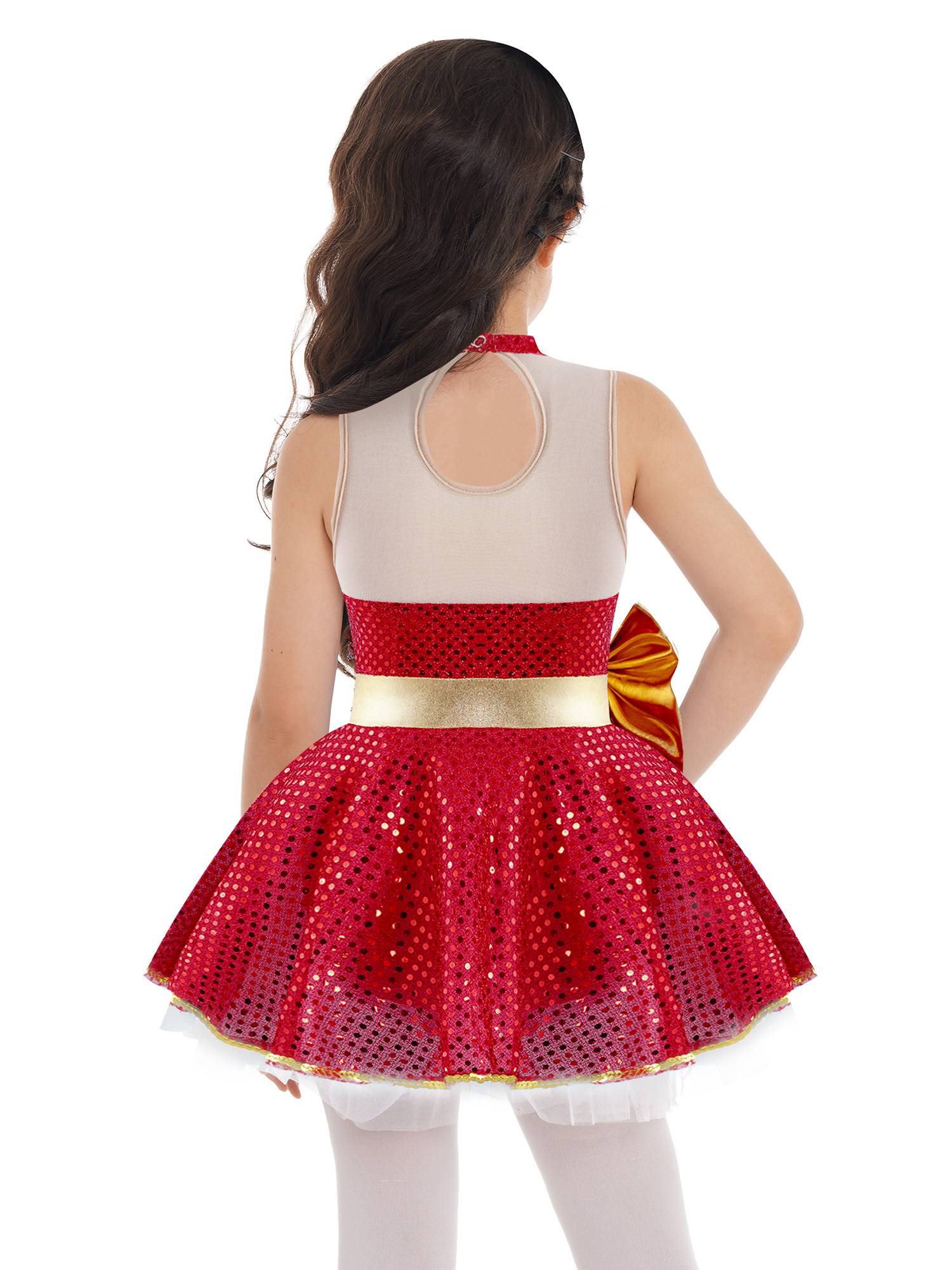 Kids Girls Christmas Sleeveless Mesh Bowknot Sequins Dance Leotard Dress