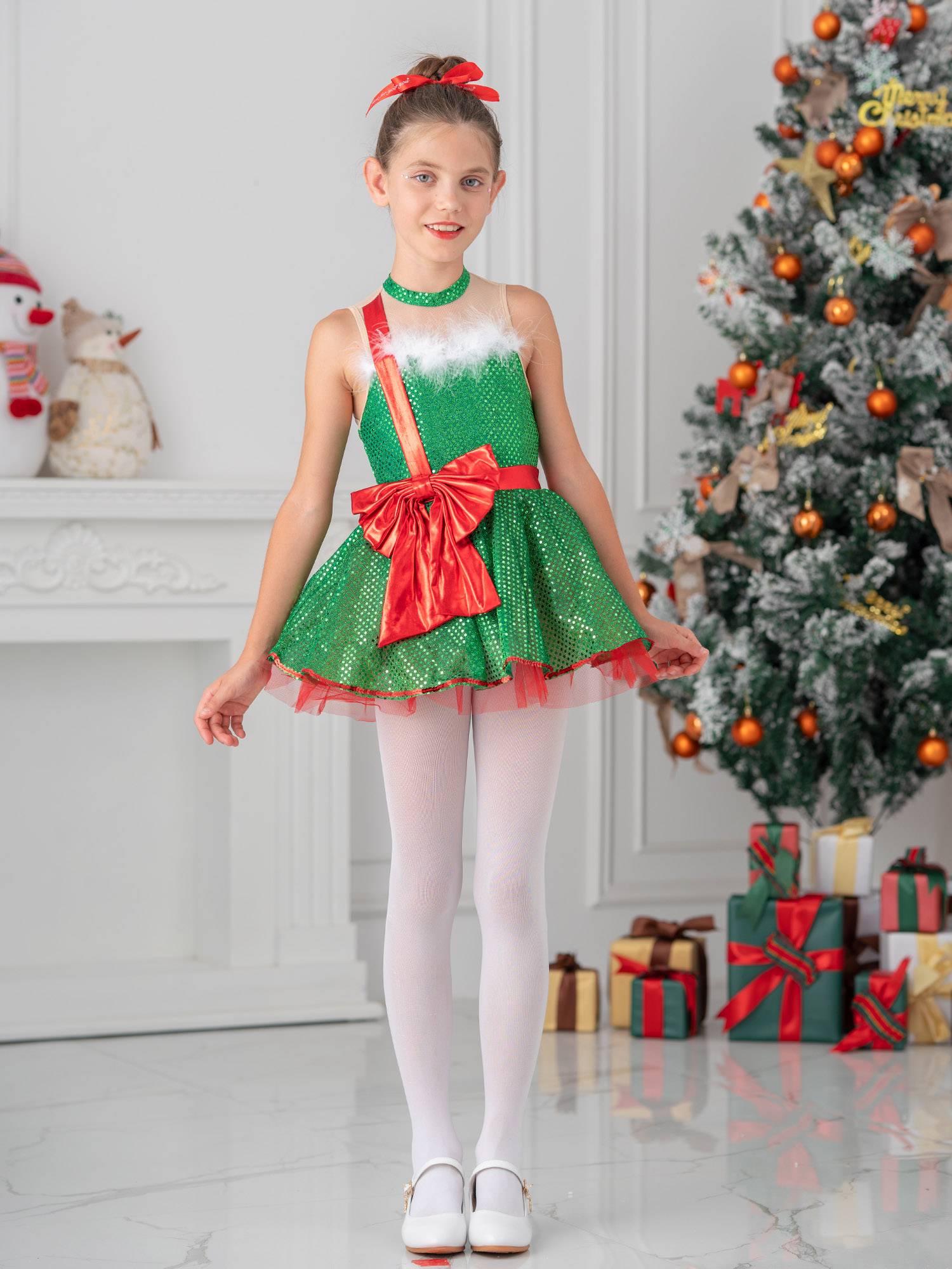 Kids Girls Christmas Sleeveless Mesh Bowknot Sequins Dance Leotard Dress
