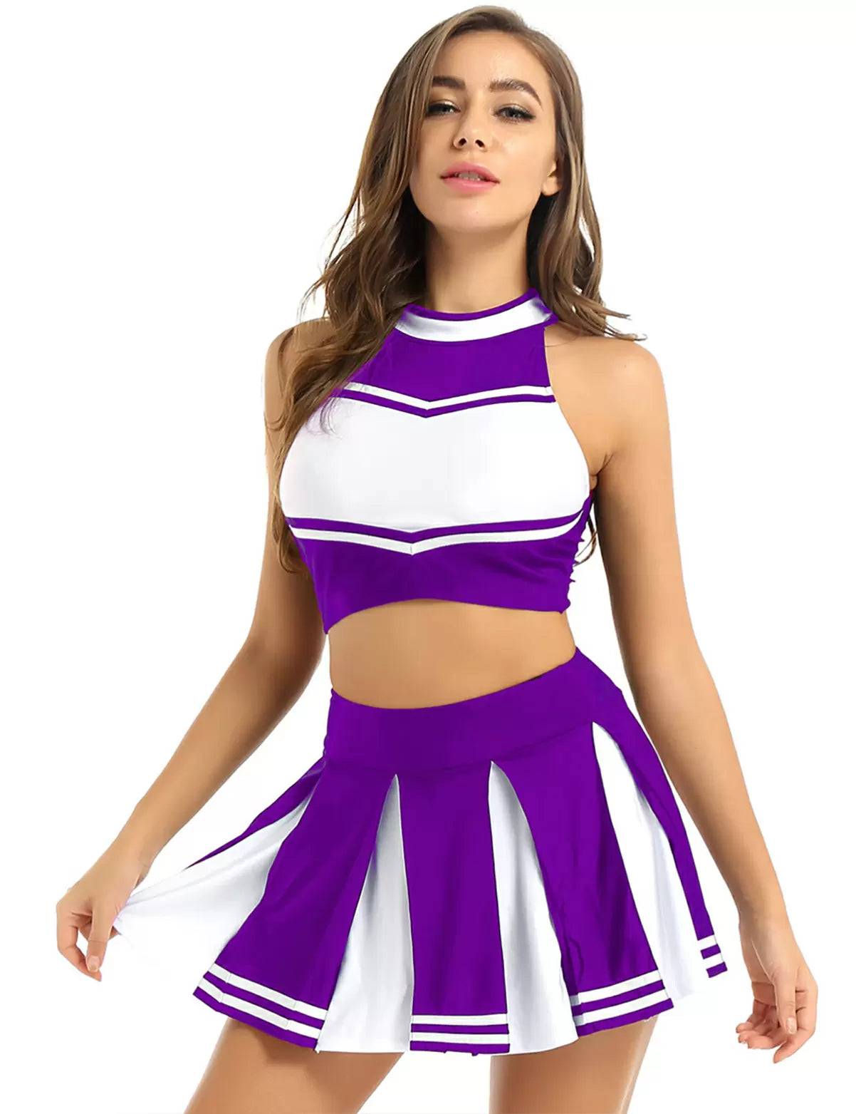 Women 2Pcs Cheerleading Costume Crop Top with Mini Pleated Skirt Set