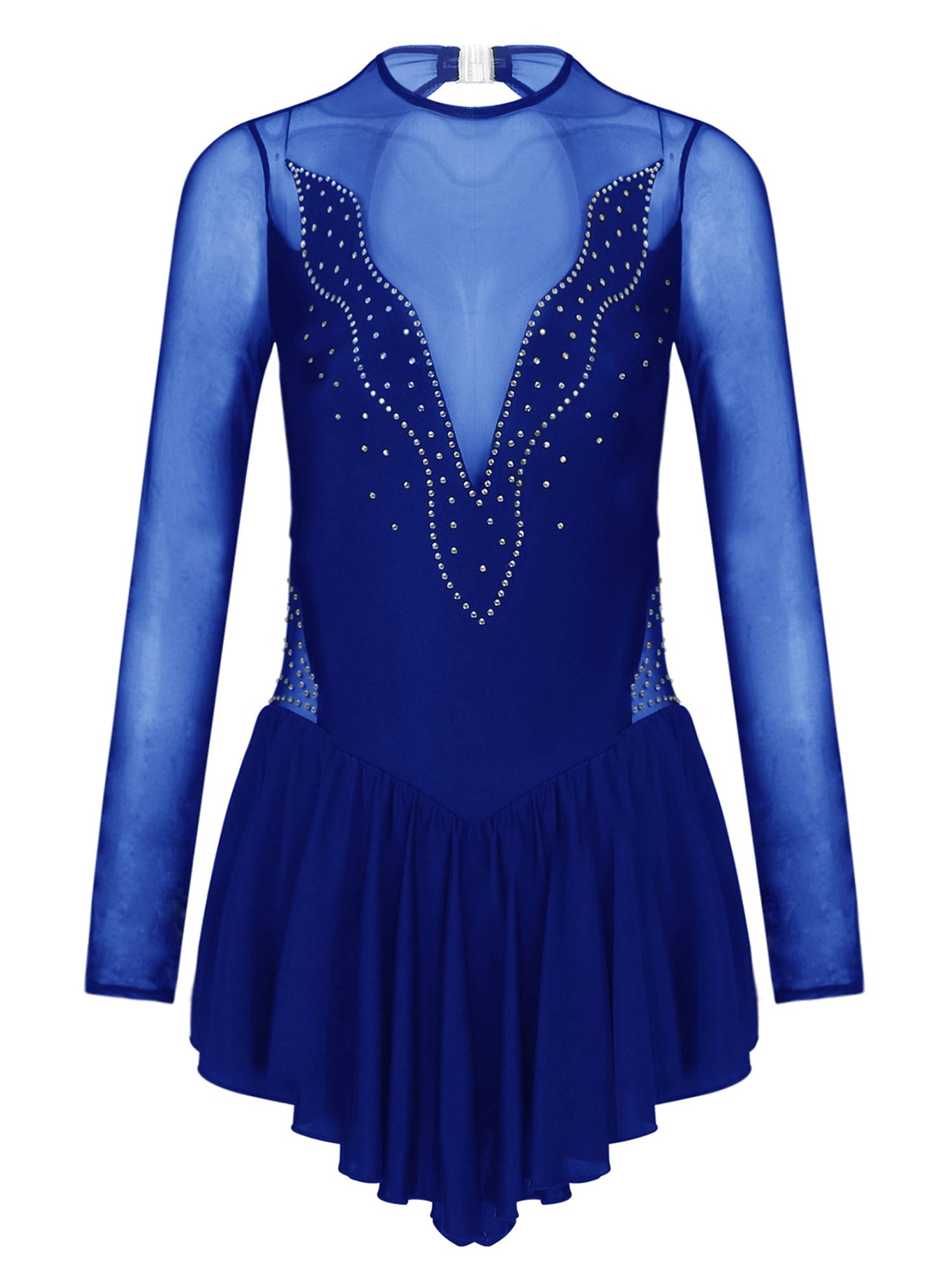 Women Shiny Rhinestone Ruffle Skirted Figure Skating Leotard Dress