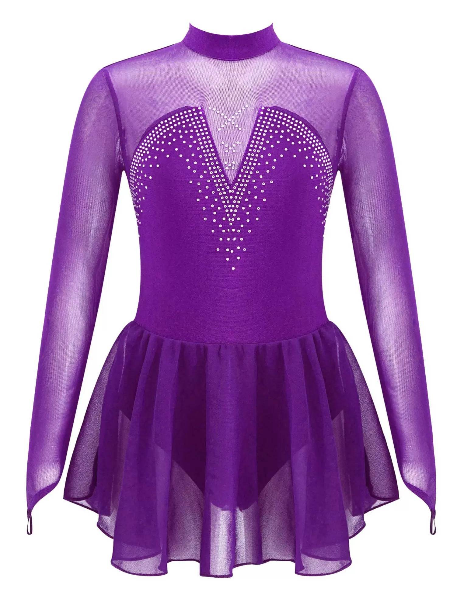 Kids Girls Long Sleeve Hollow Back Skating Dance Leotard Dress