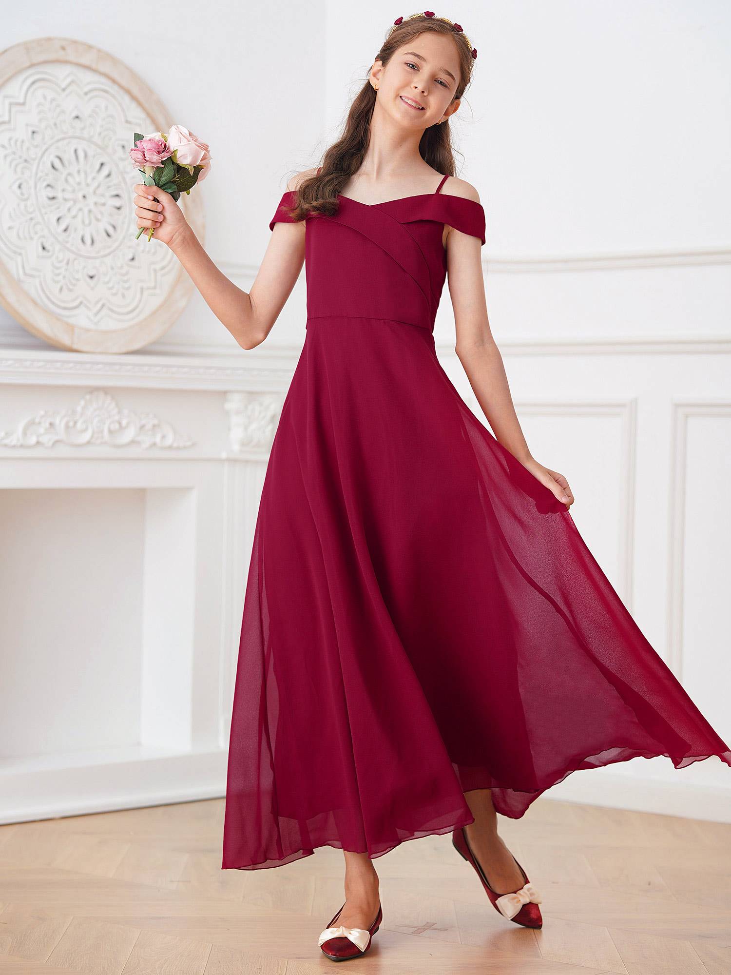 Kids Girls Chiffon Off-Shoulder Maxi Party Dress