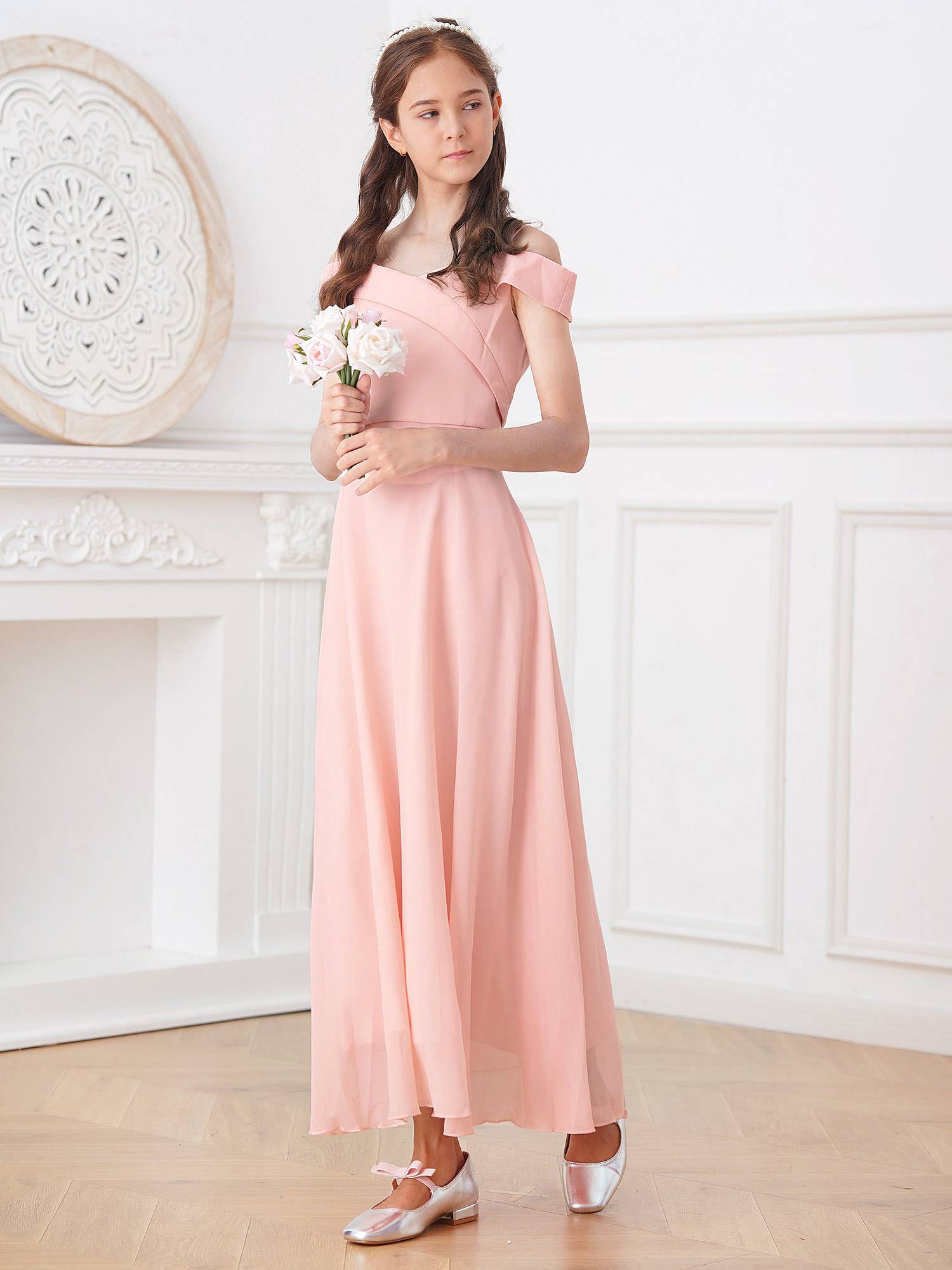 Kids Girls Chiffon Off-Shoulder Maxi Party Dress