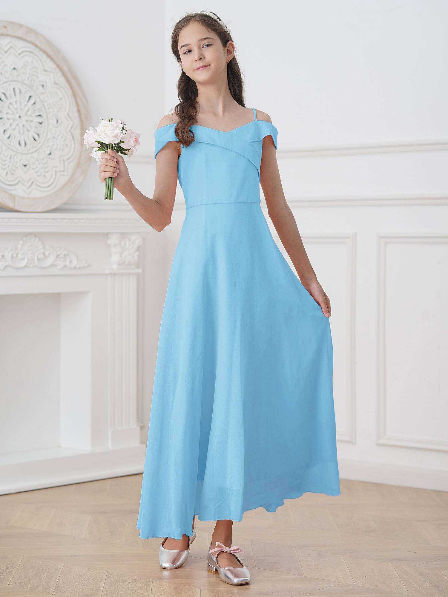 Kids Girls Chiffon Off-Shoulder Maxi Party Dress