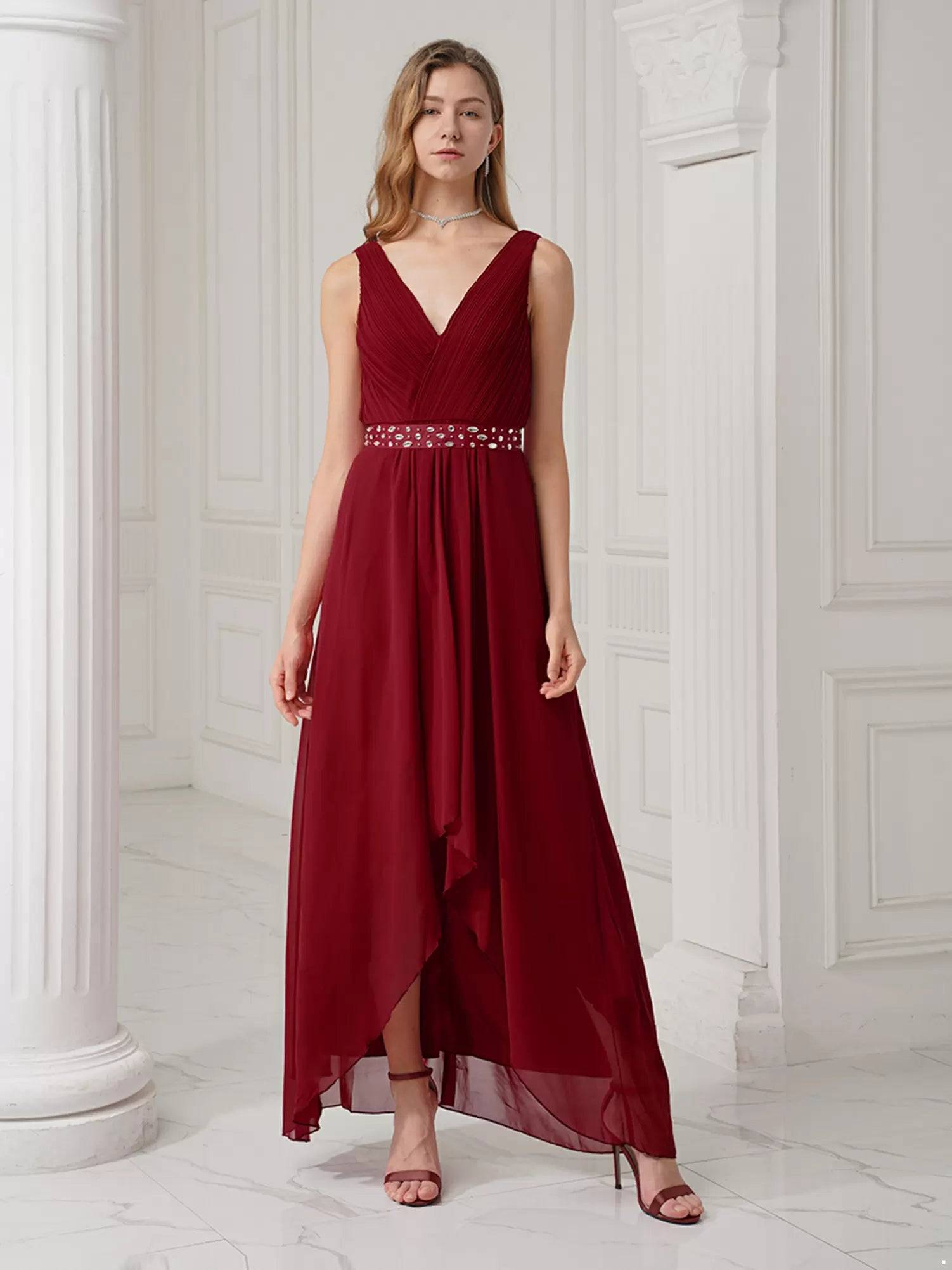 Women Solid Chiffon A-Line Hi-Lo Hem Bridesmaid Maxi Dress