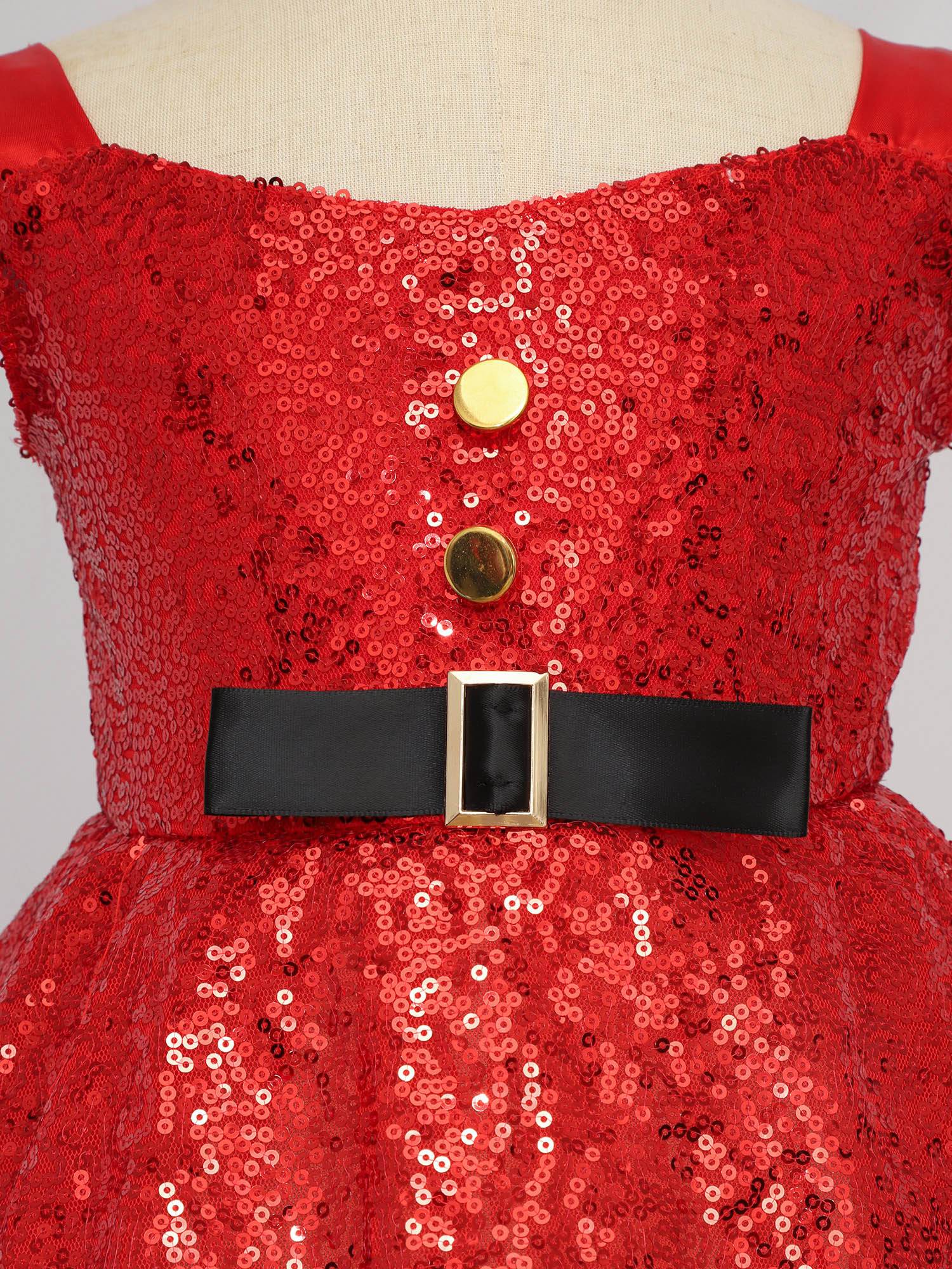 Girls Christmas Flutter Sleeve Sequins Faux Fur Trim A-line Dress with Hat