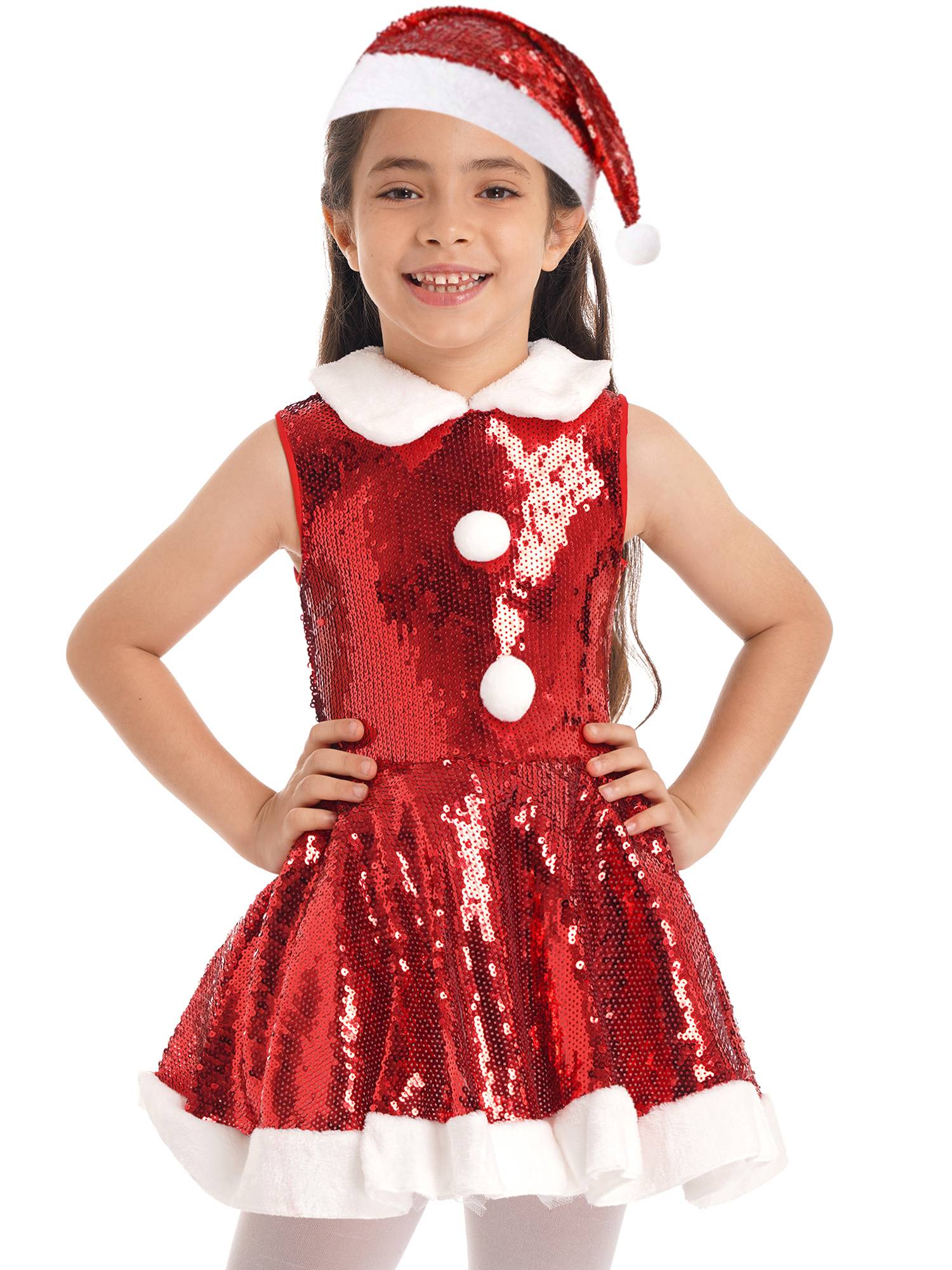 Kids Girls Christmas Sleeveless Sequins A-line Dress with Hat