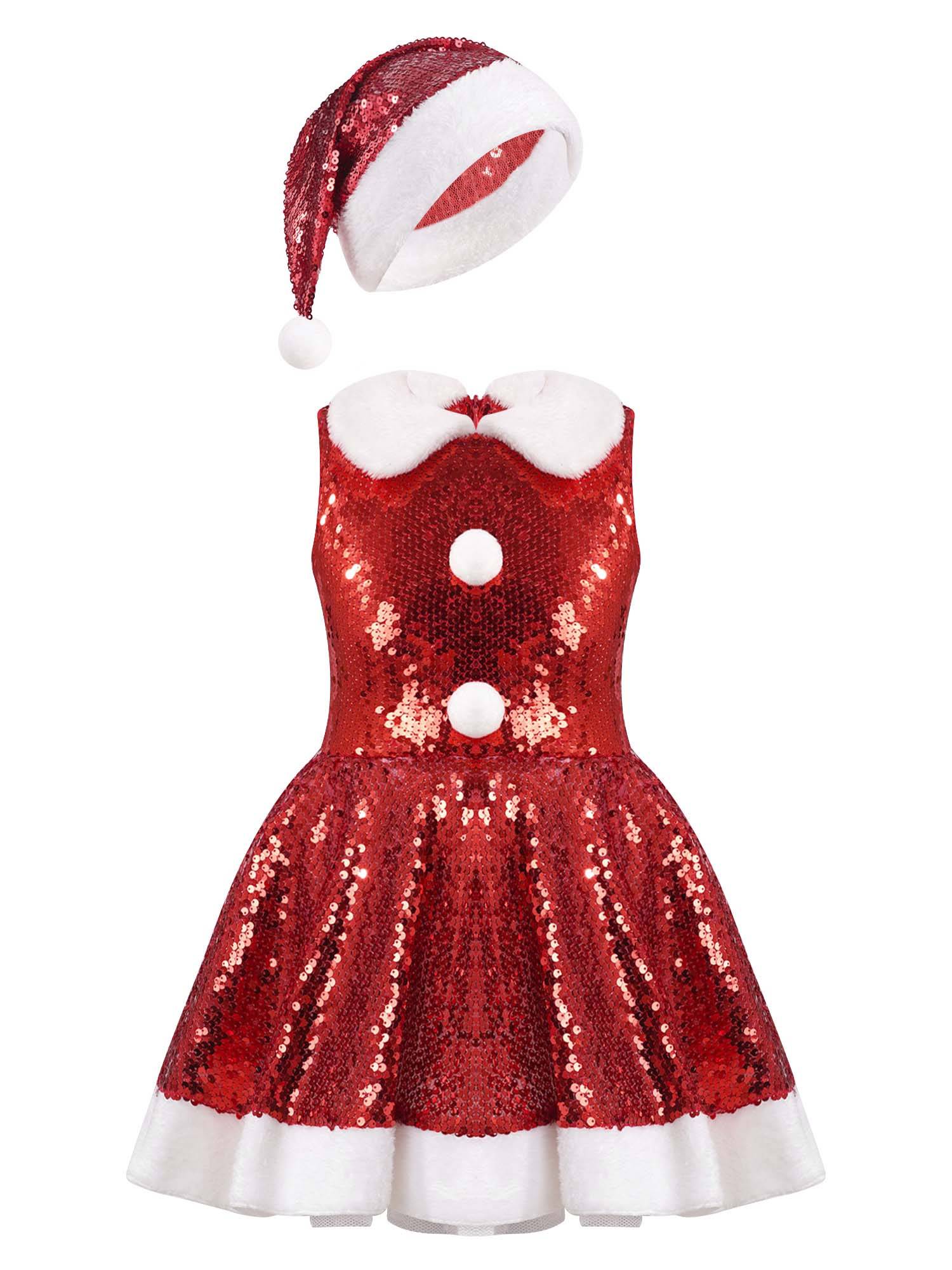 Kids Girls Christmas Sleeveless Sequins A-line Dress with Hat