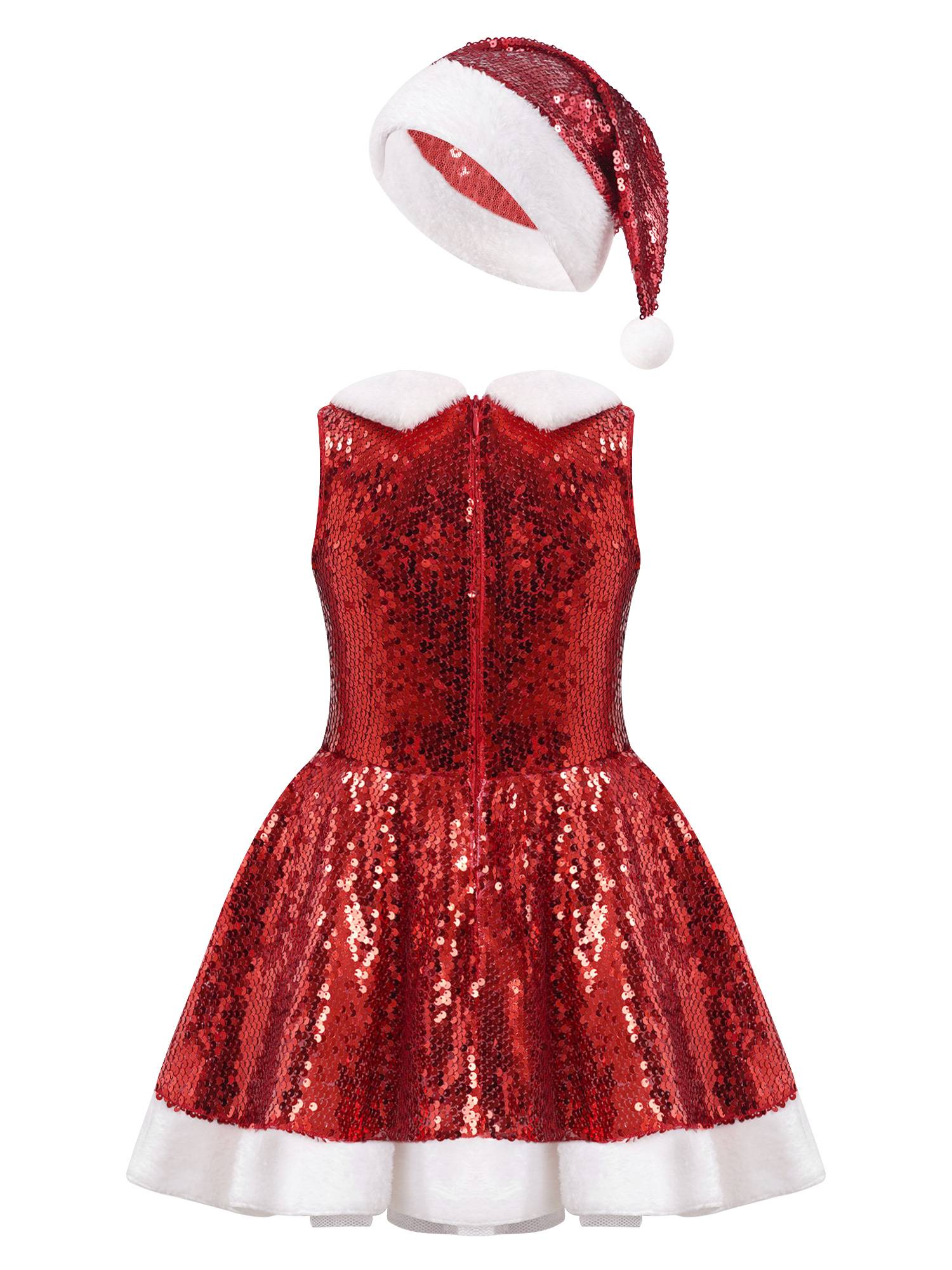 Kids Girls Christmas Sleeveless Sequins A-line Dress with Hat