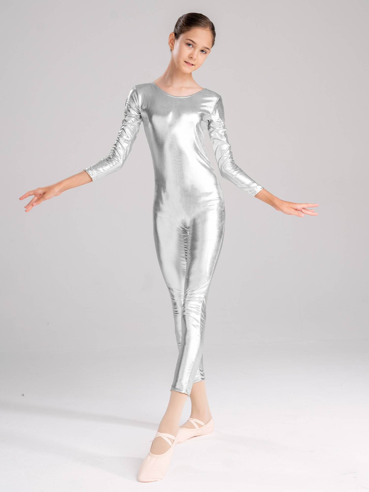 Kids Girls Glossy Long Sleeves Gymnastics Unitard Jumpsuit