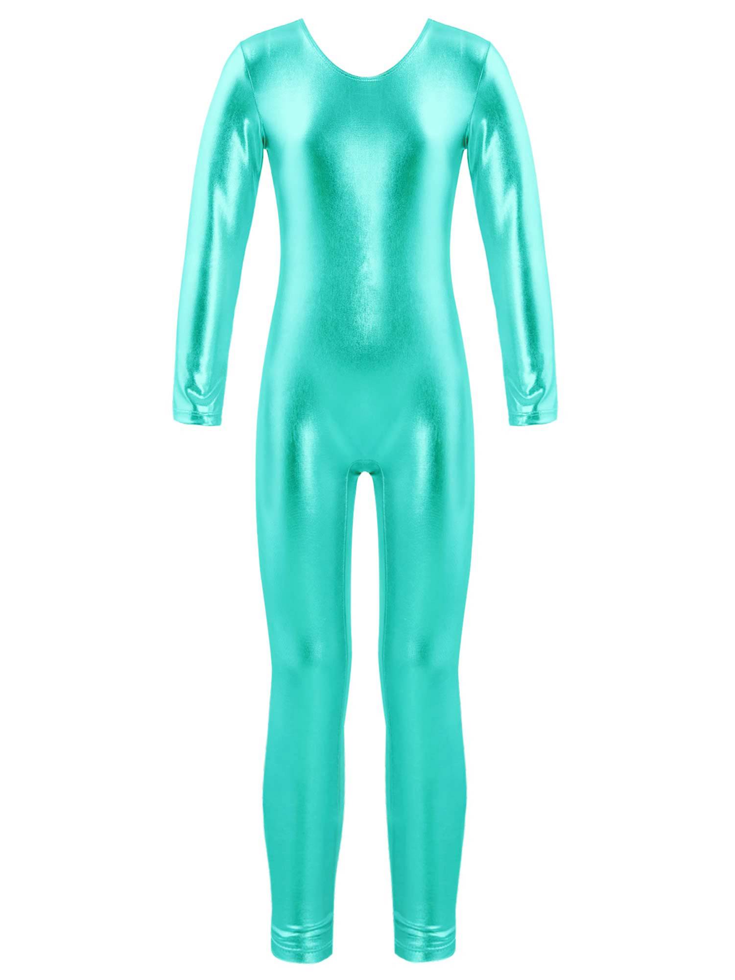 Kids Girls Glossy Long Sleeves Gymnastics Unitard Jumpsuit