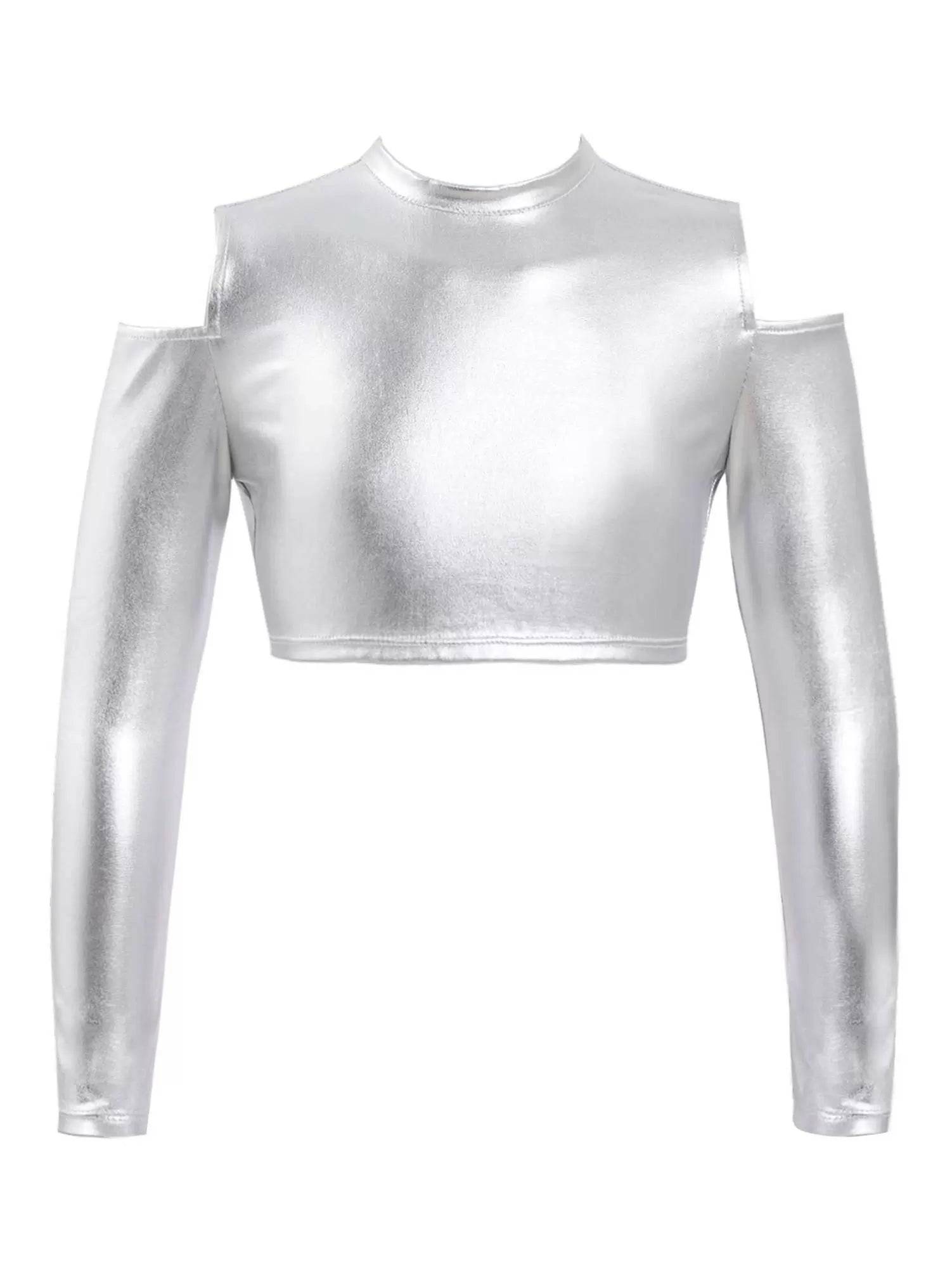 Kids Girls Long Sleeves Cold Shoulder Glossy Metallic Jazz Crop Top