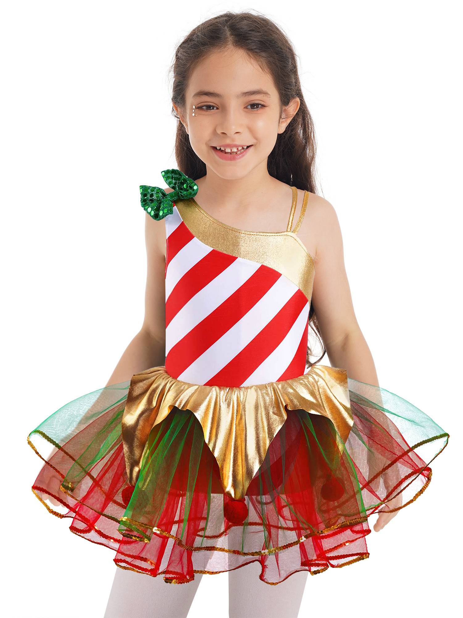Kids Girls Christmas Sleeveless Asymmetrical Shoulder Stripes Mesh Tutu Dress
