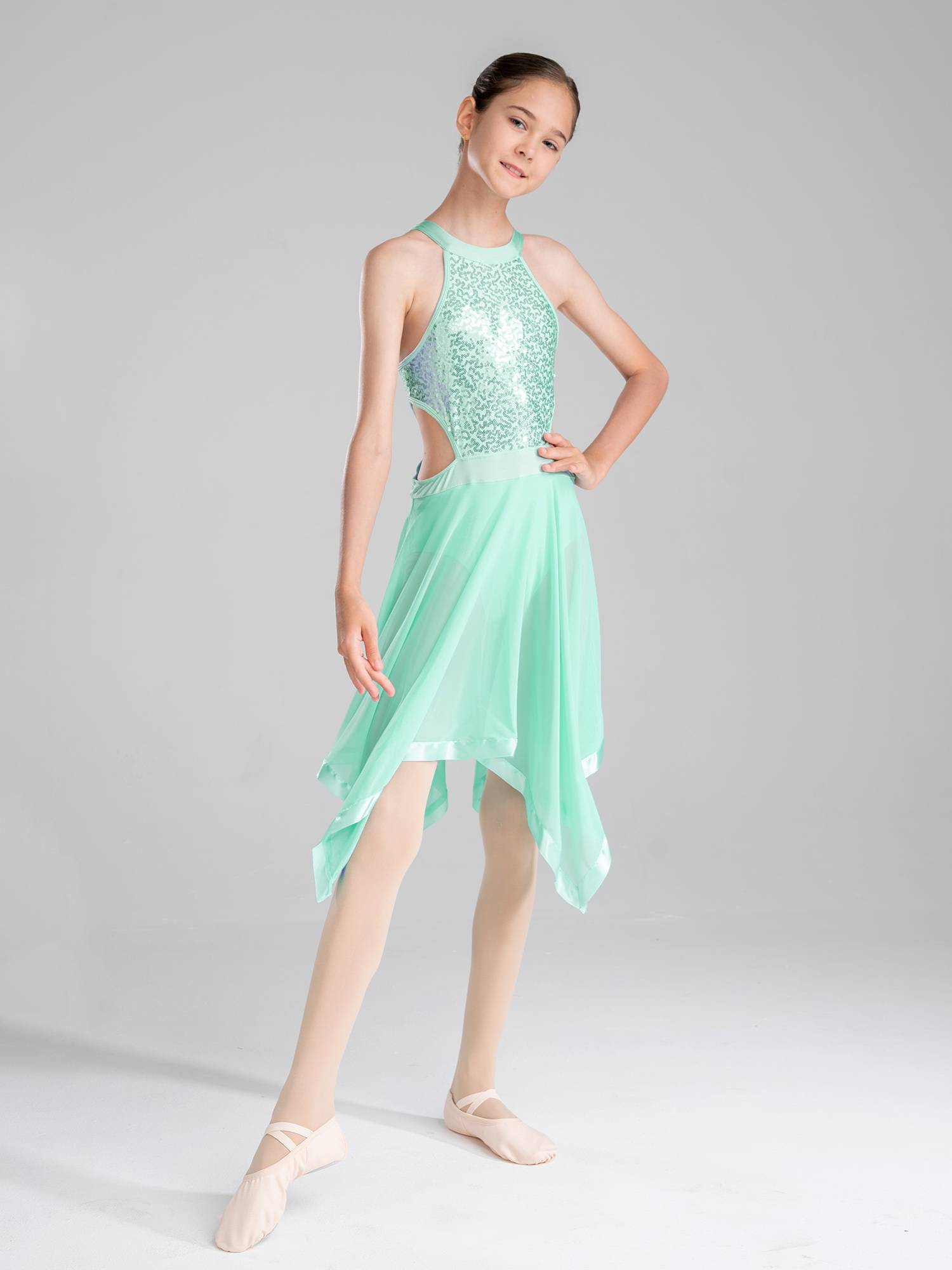 Kids Girls Sleeveless Sequins Hollow Back Lyrical Dance Dress