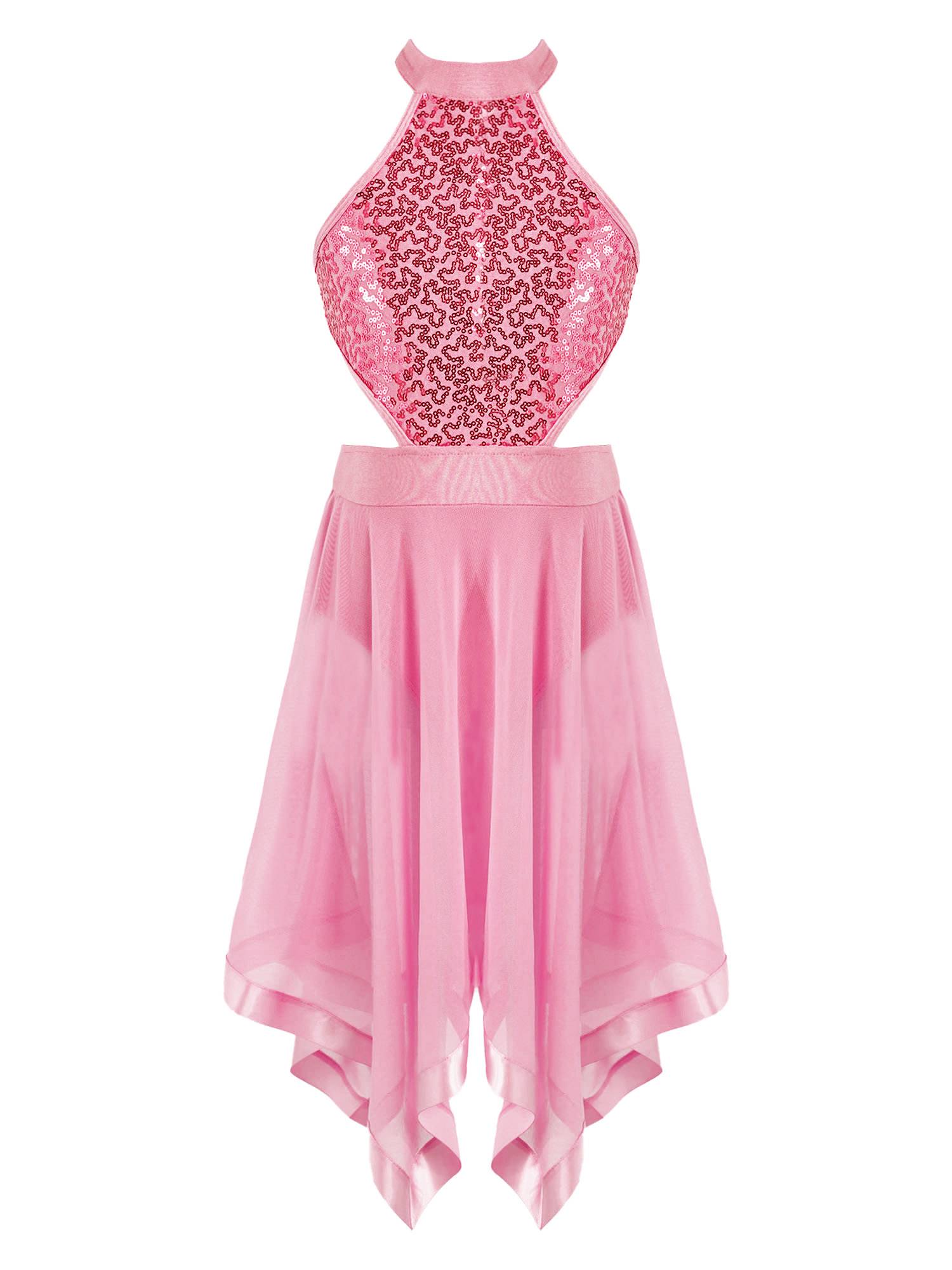 Kids Girls Sleeveless Sequins Hollow Back Lyrical Dance Dress