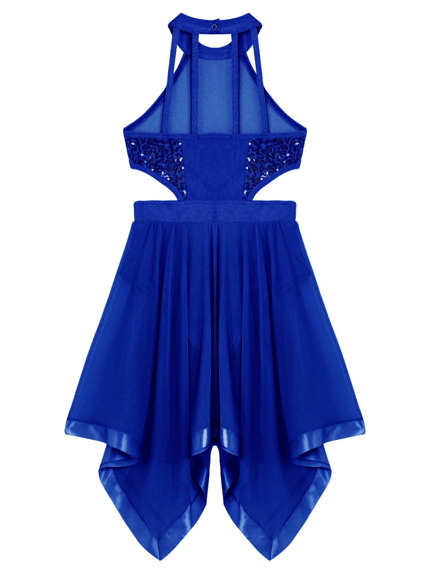 Kids Girls Sleeveless Sequins Hollow Back Lyrical Dance Dress
