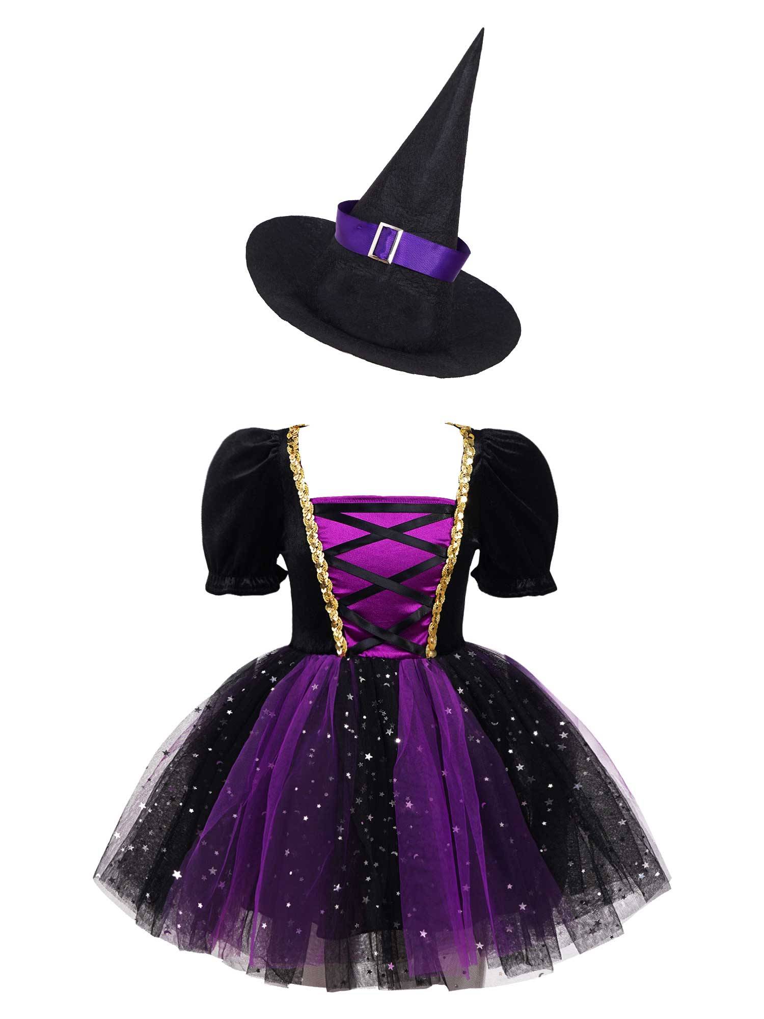 Kids Girls Short Sleeve Mesh Tutu Dress with Pointed Hat Witch Costume Set