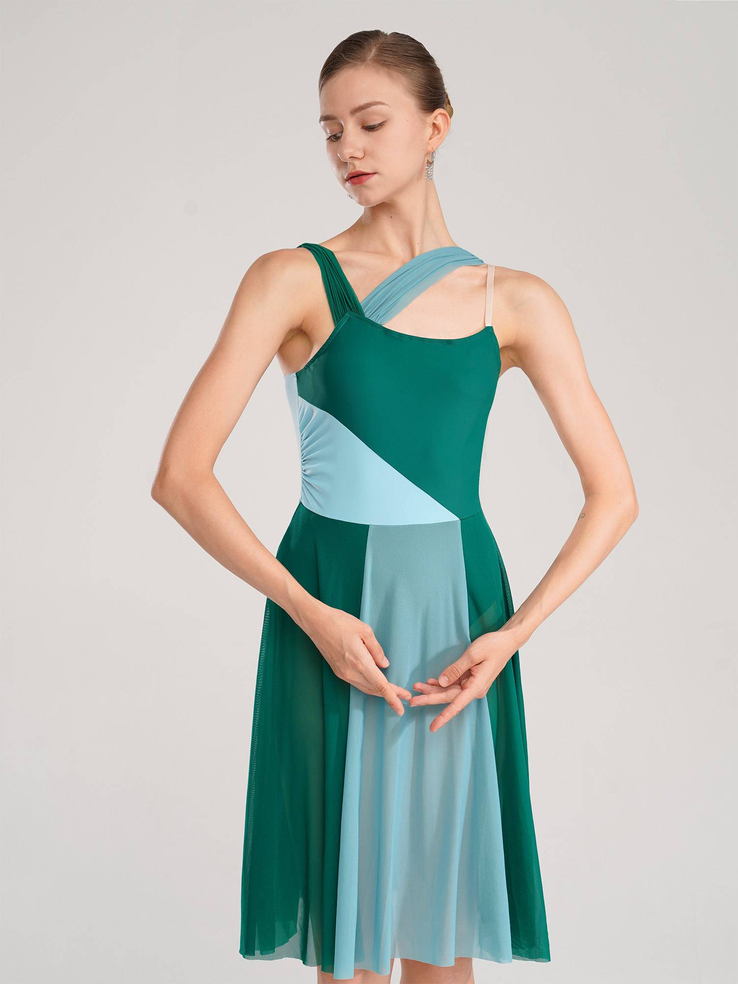 Women Sleeveless Color Block Mesh Lyrical Dance Leotard Dress