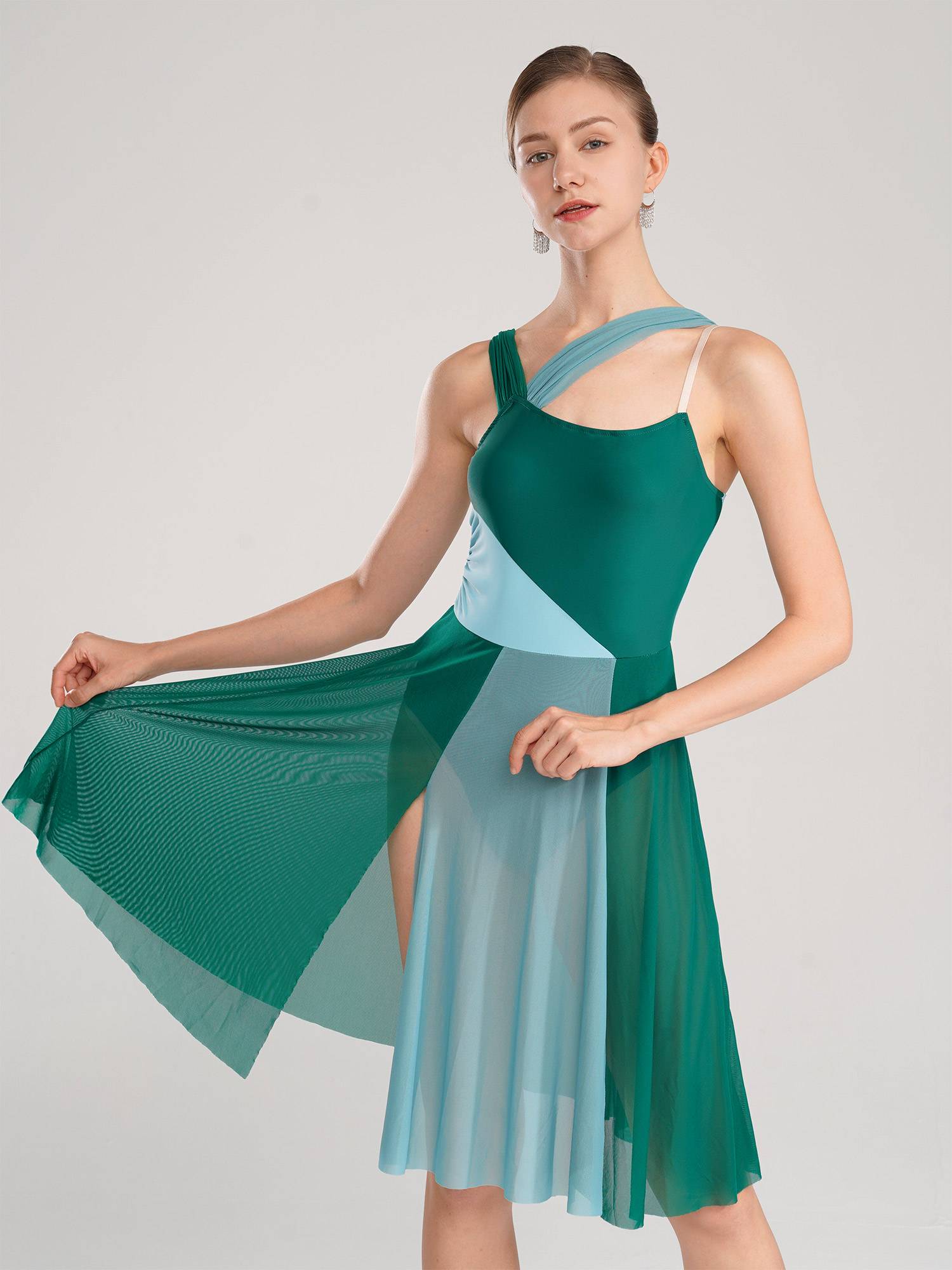 Women Sleeveless Color Block Mesh Lyrical Dance Leotard Dress