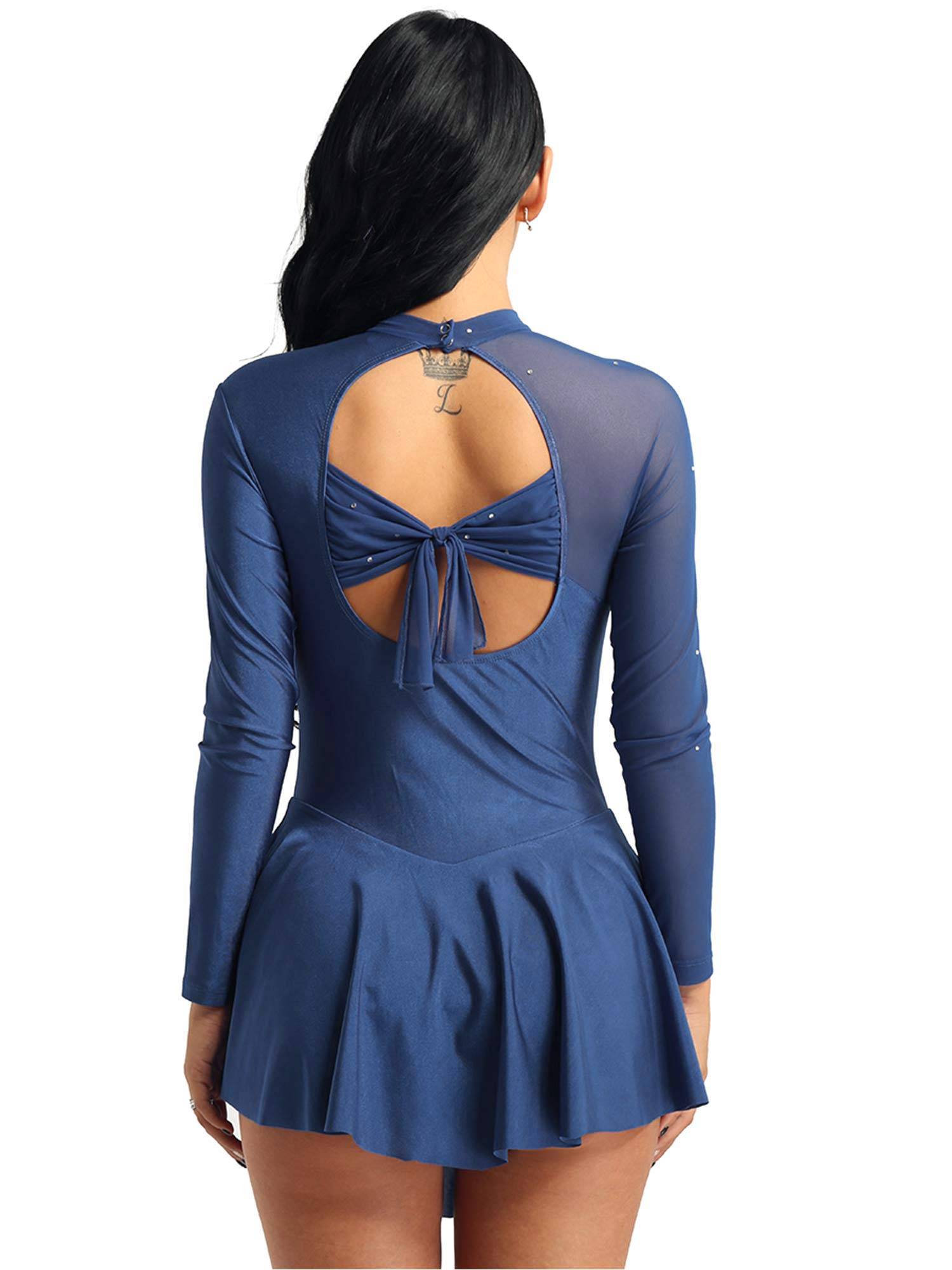 Women Long Sleeve Round Neck Hollow Back Skating Leotard Dress